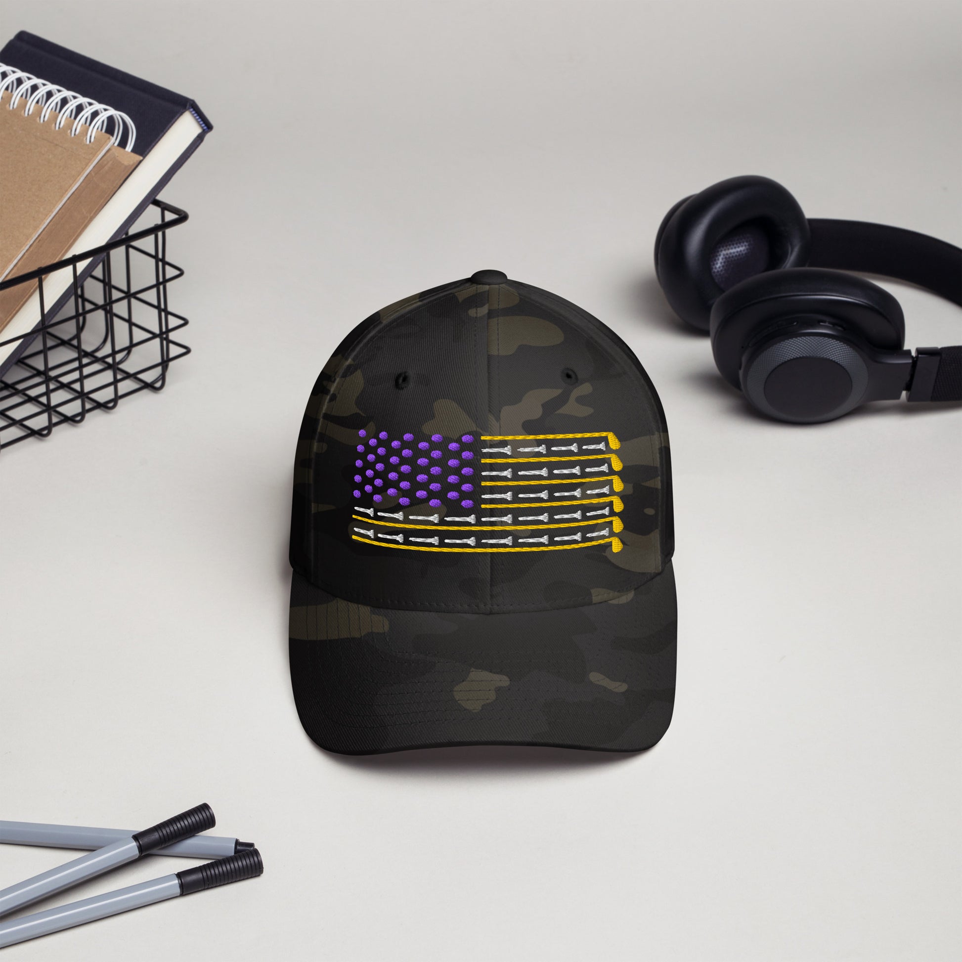 stylish camo golf hat with purple flag ball design