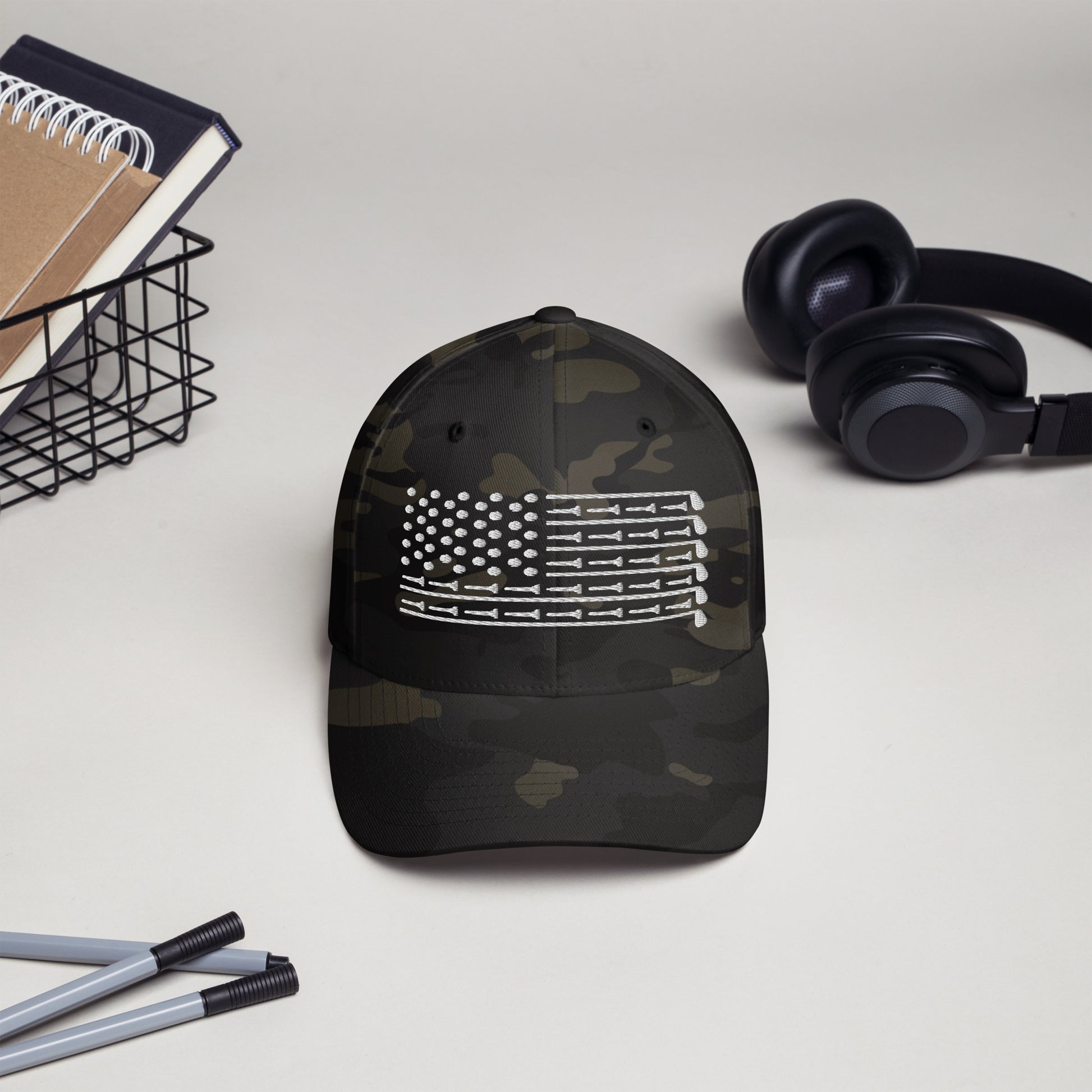 golf hat with clean white flag design in camo pattern