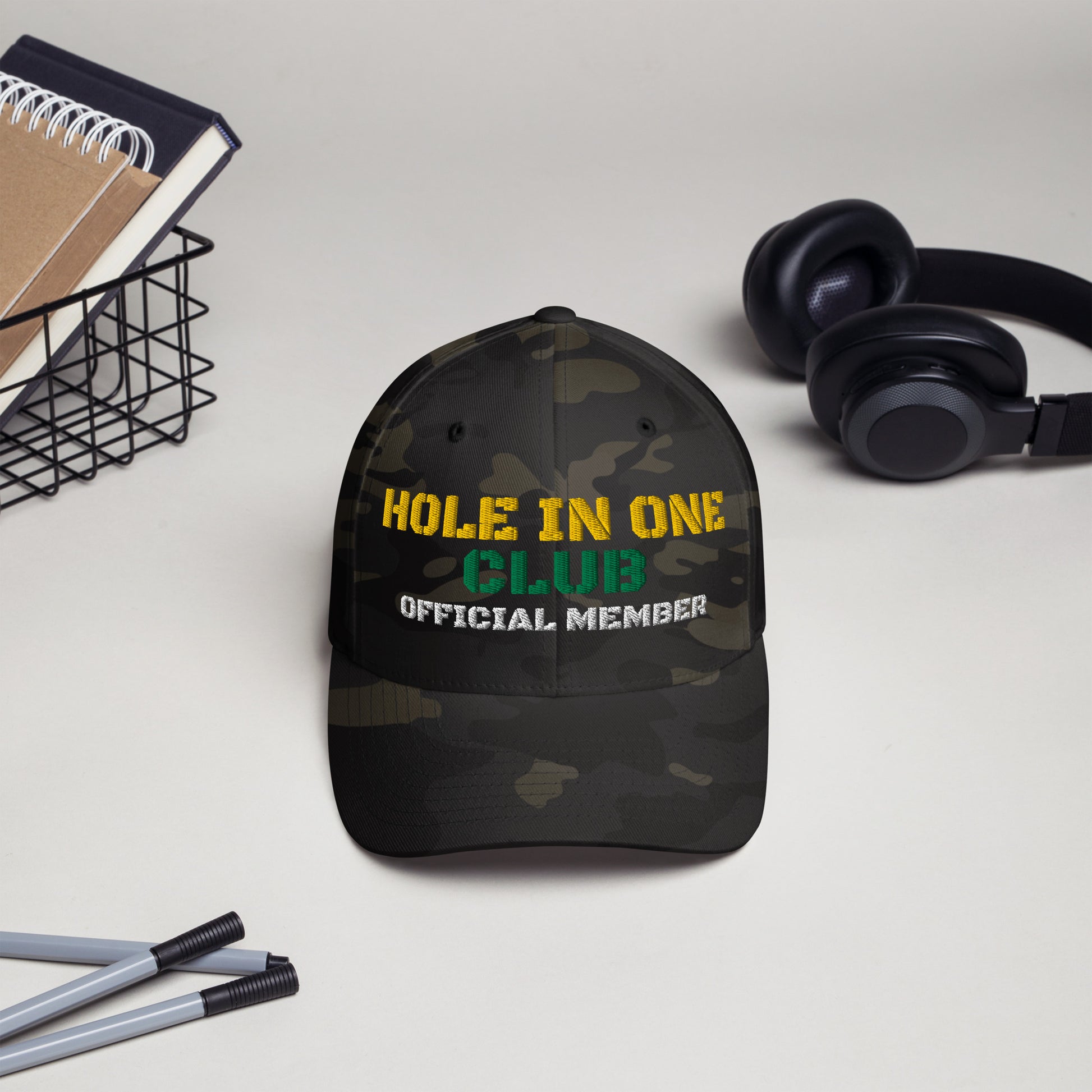 camo golf hat hole in one club design front view