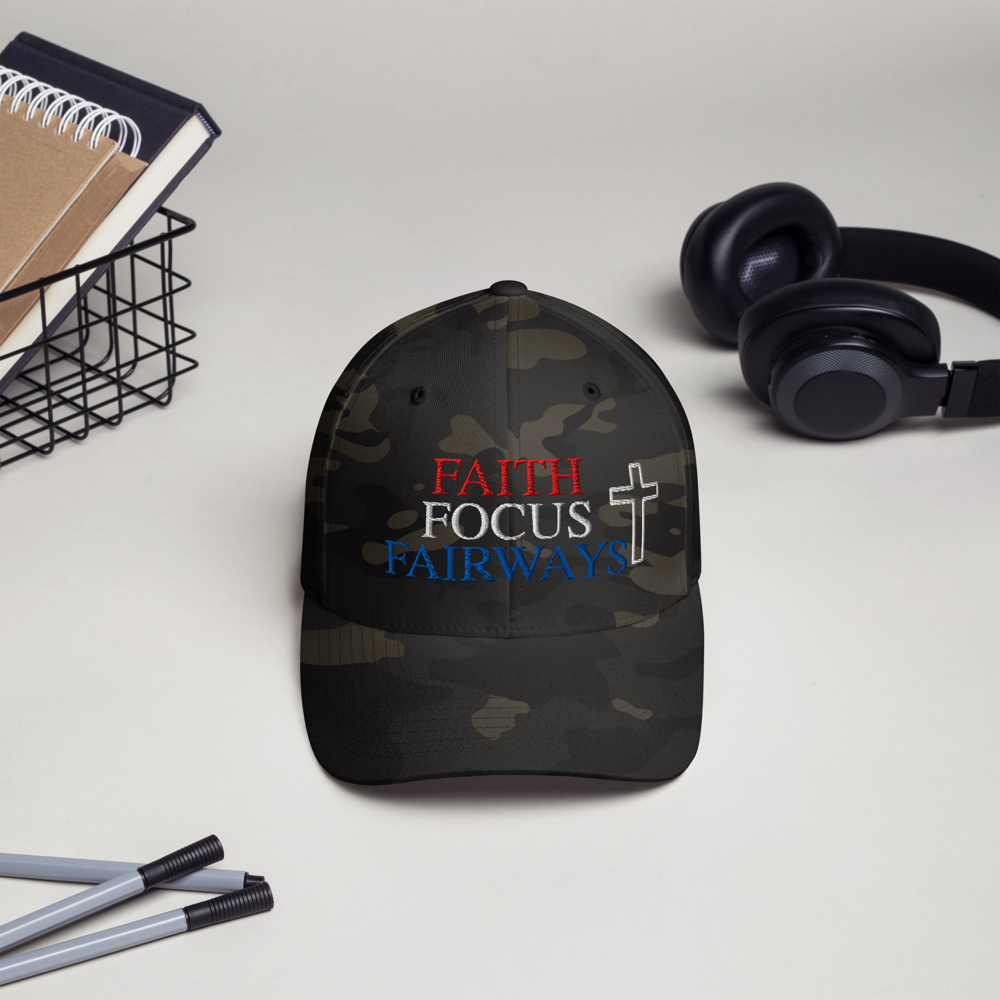 camo golf hat featuring christian cross and message