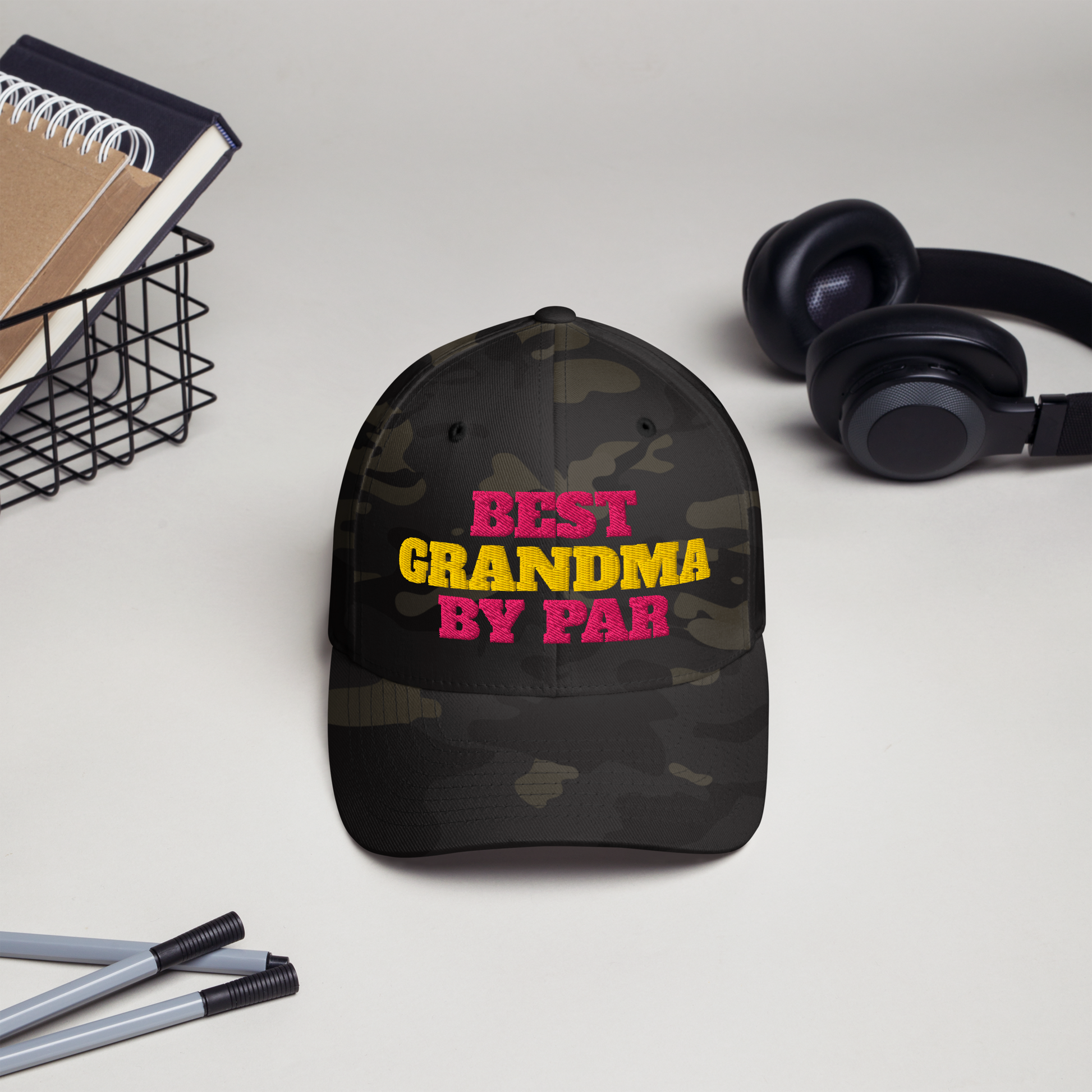 structured black camo cap with grandma design