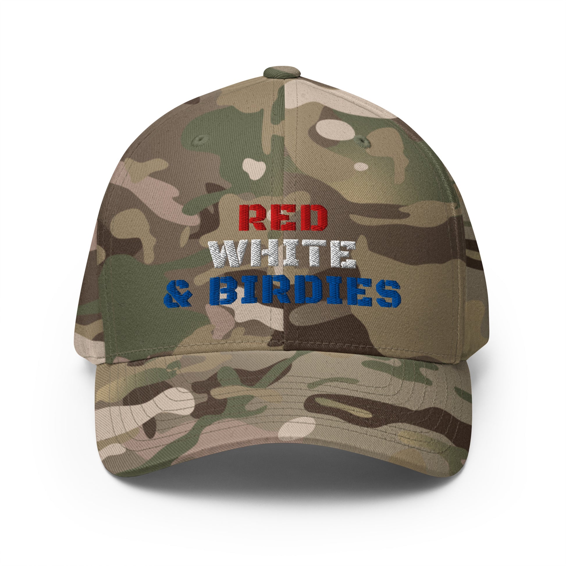 flexfit camo golf hat red white birdies curved visor