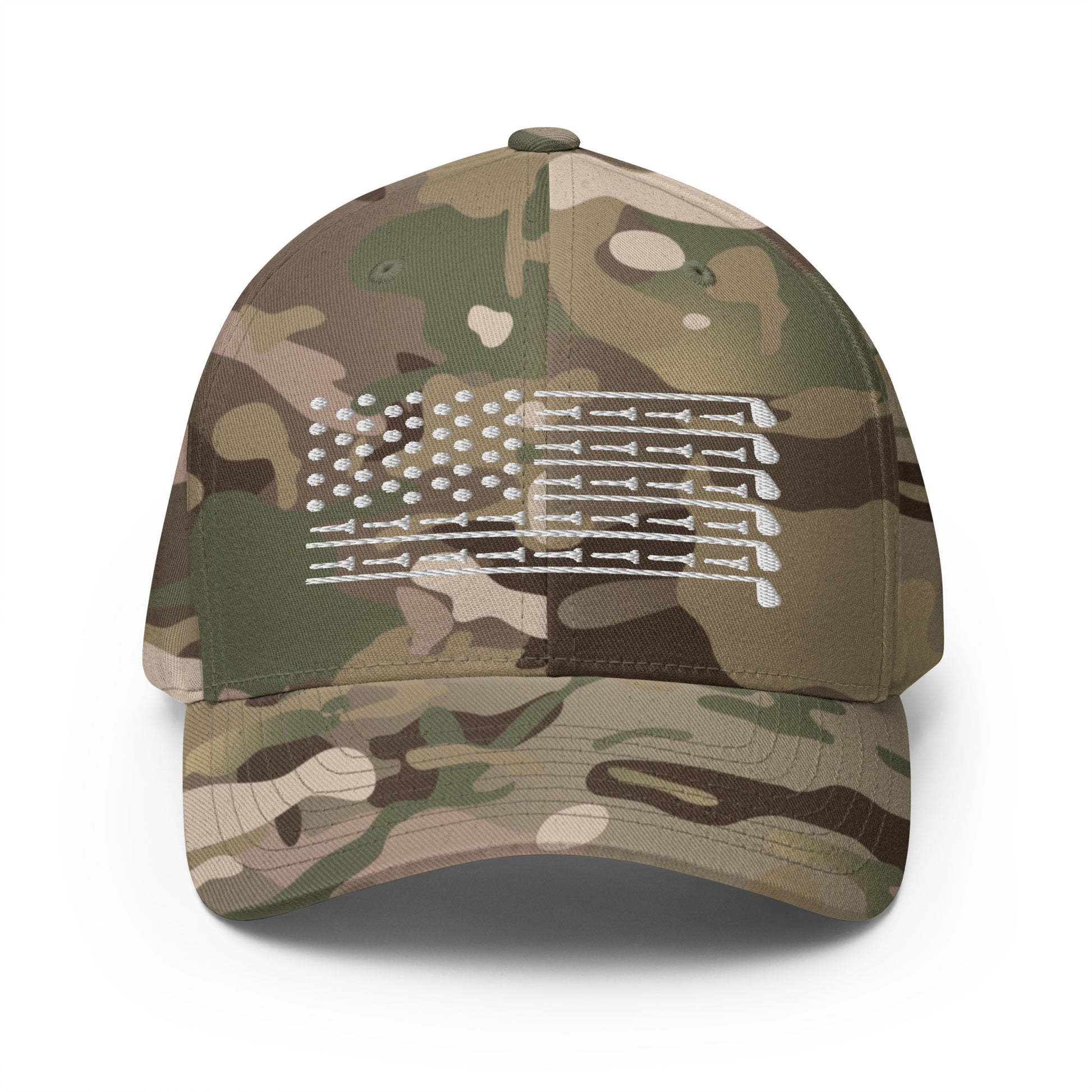 classic white stitched flag design golf hat camo style