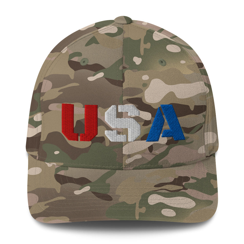 camo golf hat with usa embroidery front view
