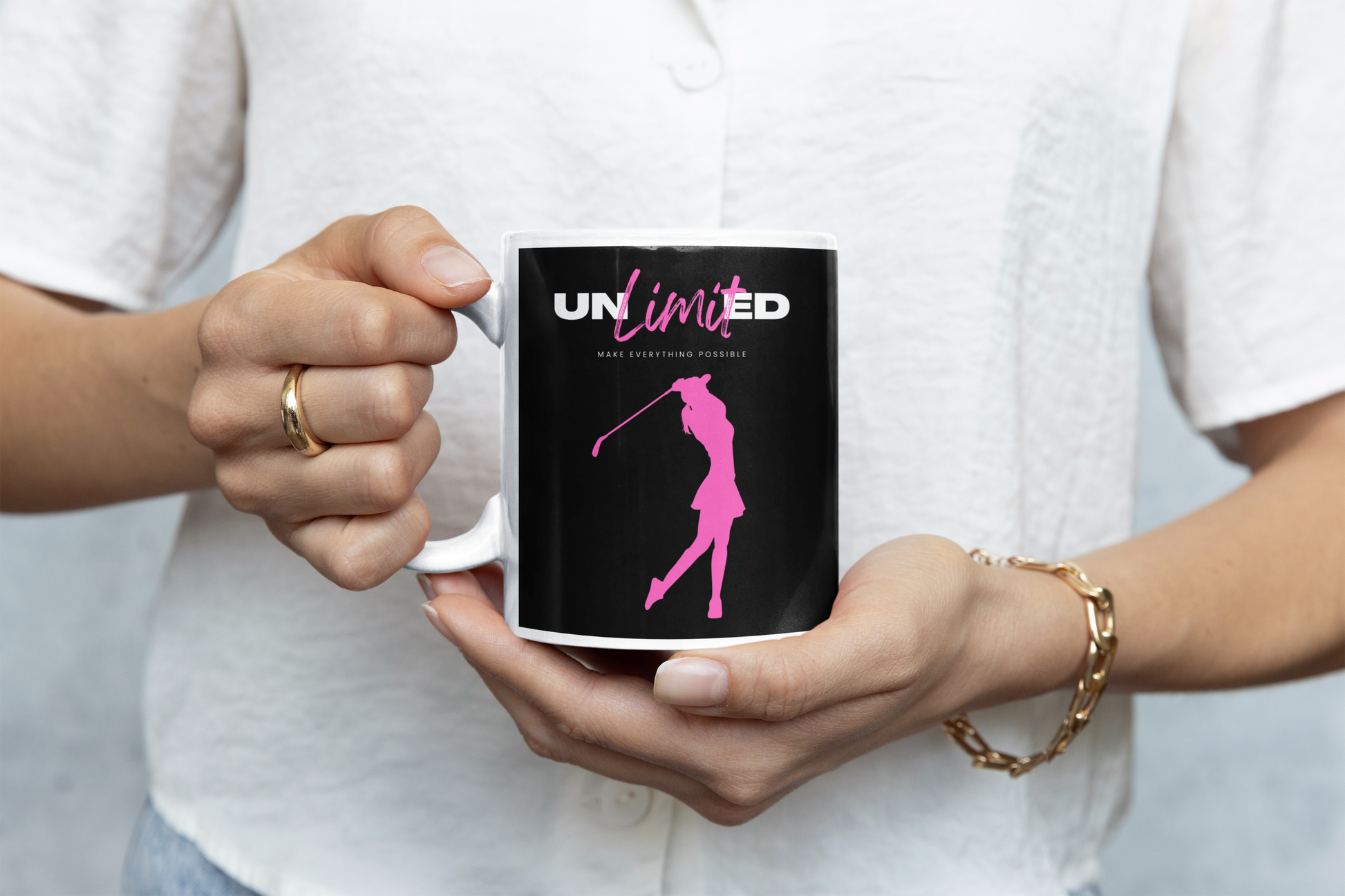 Inspirational pink golf swing design on white ceramic coffee cup