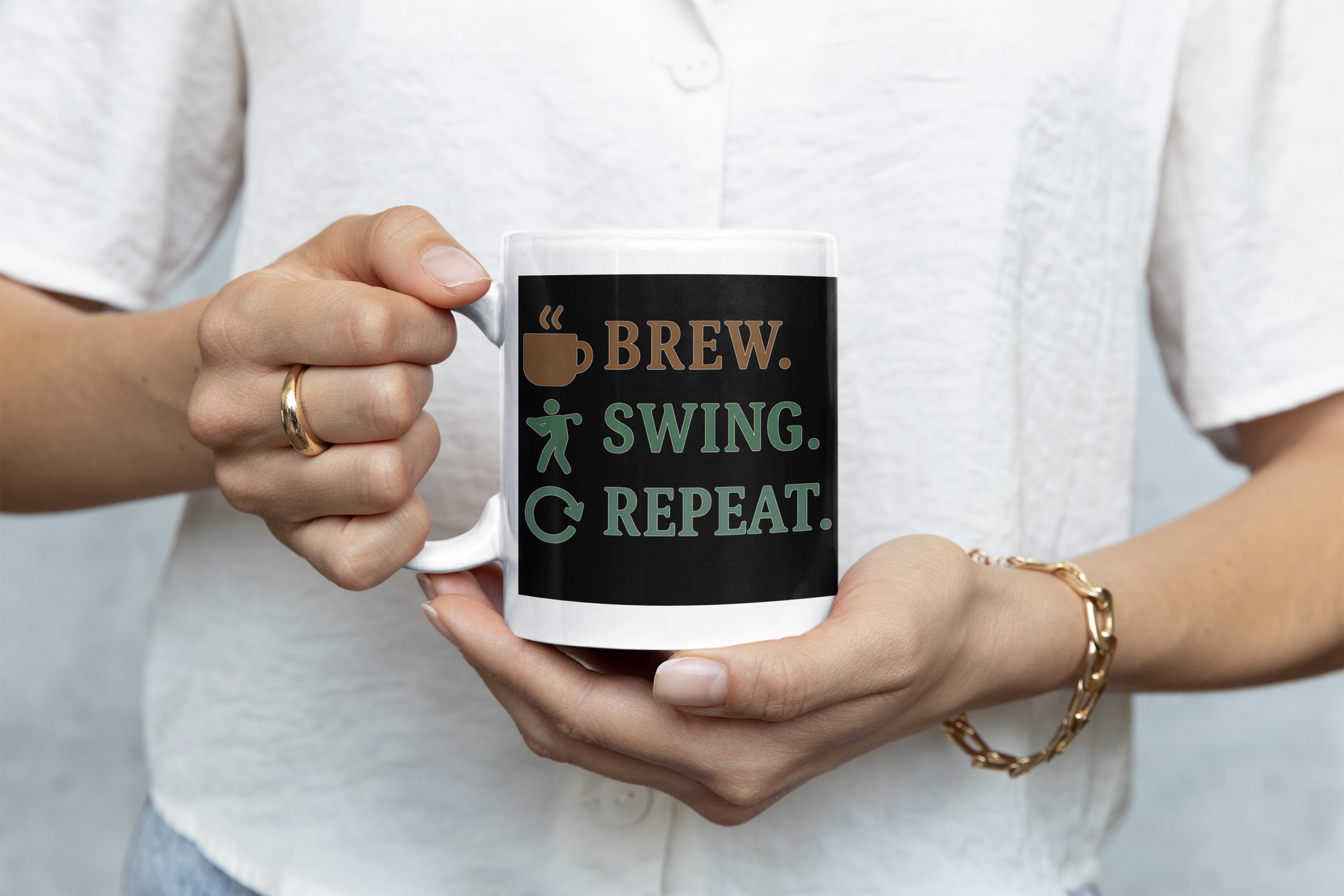 Ceramic gift mug for golf lovers with routine phrase design
