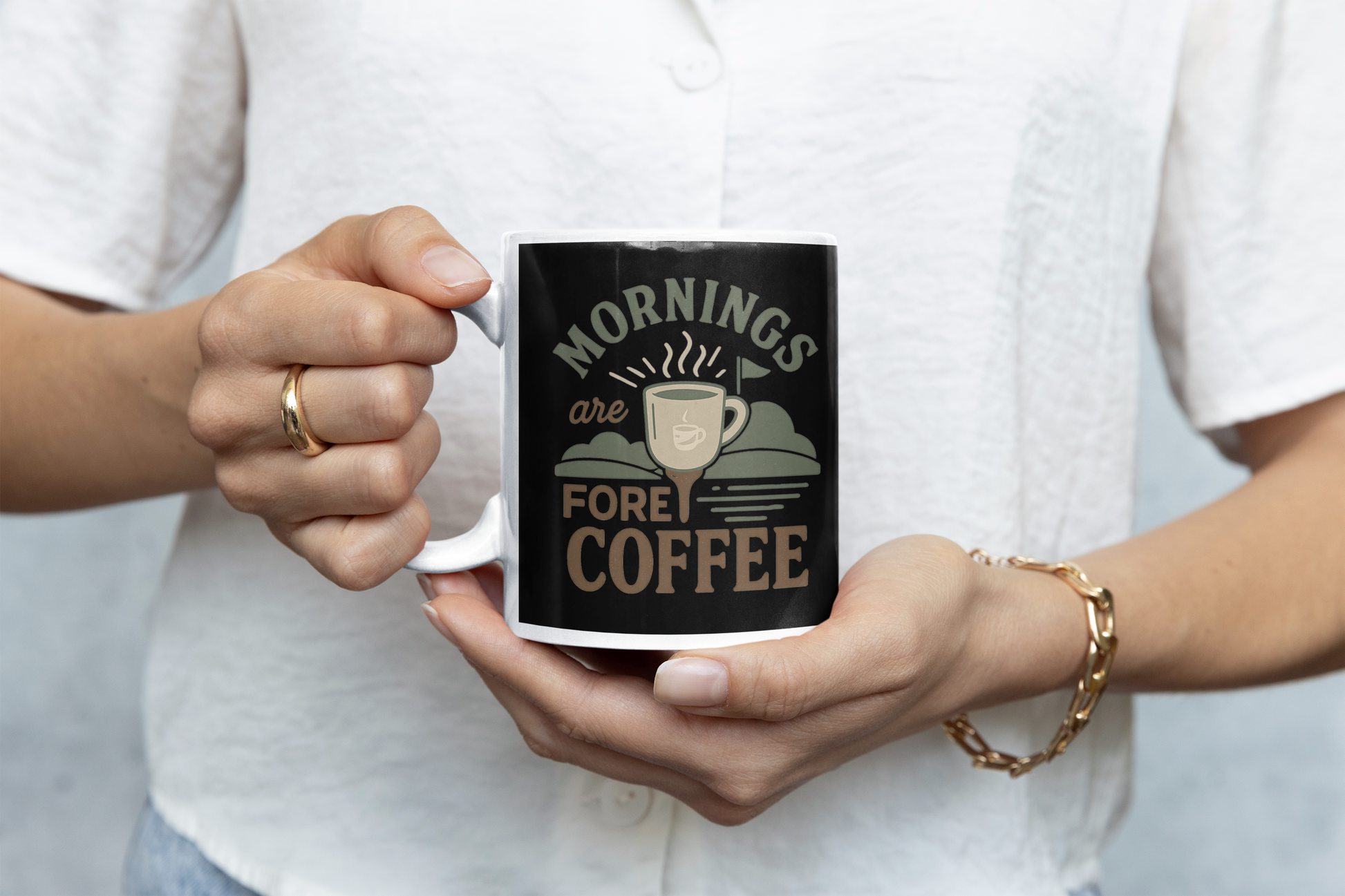 Ceramic drinkware with golf course scene and coffee cup design