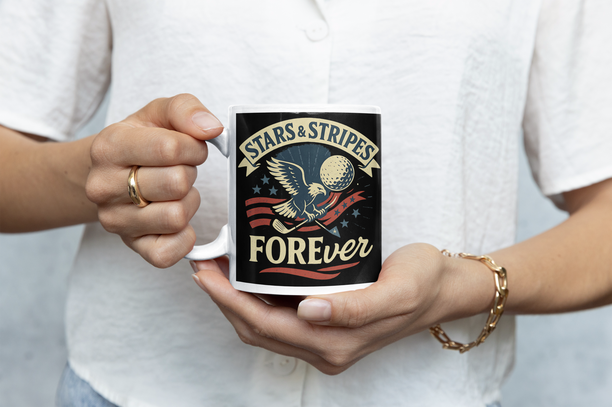 Strong freedom-themed mug with bird and red, white, blue detail
