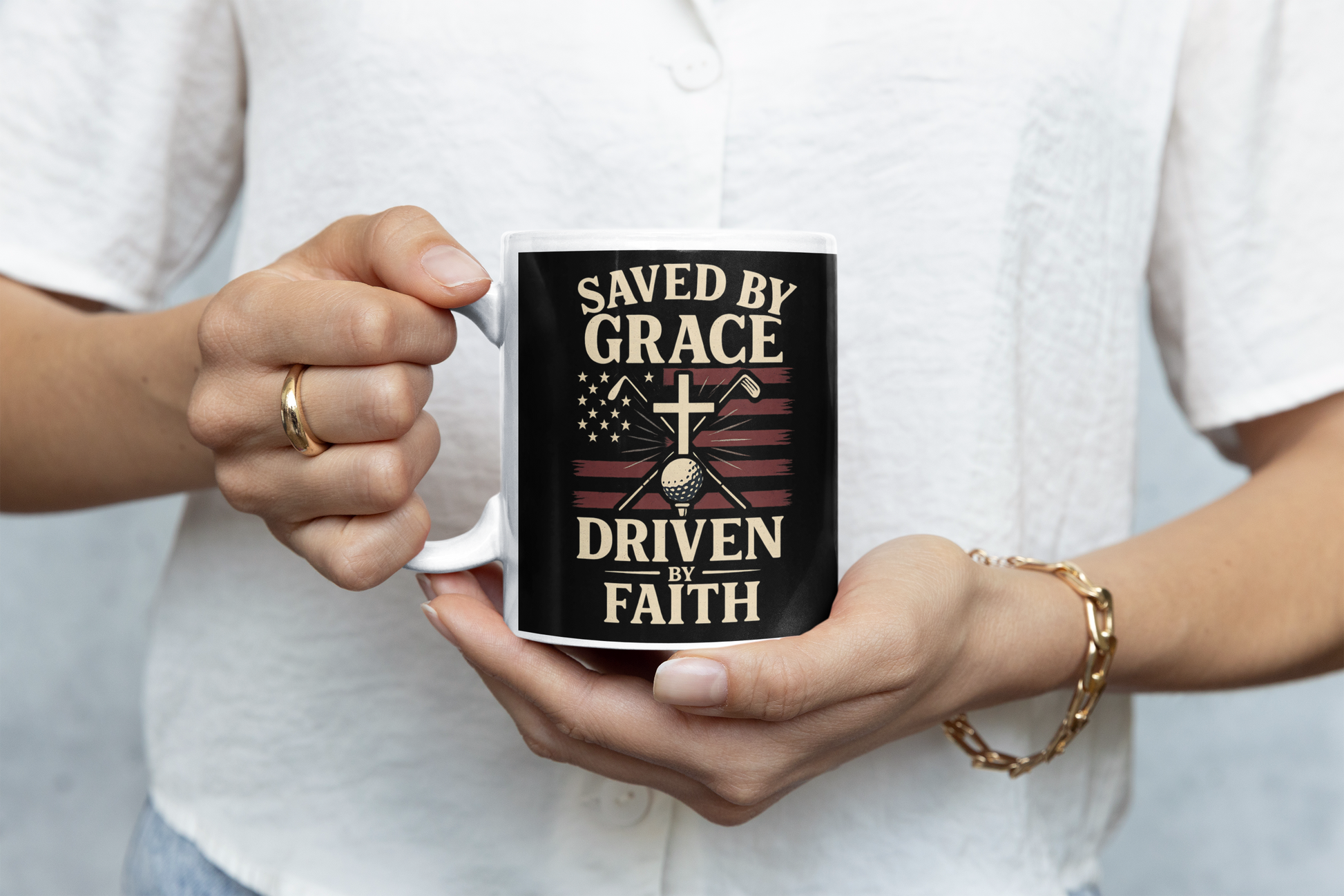 Encouraging Christian gift mug with golf ball and cross layout