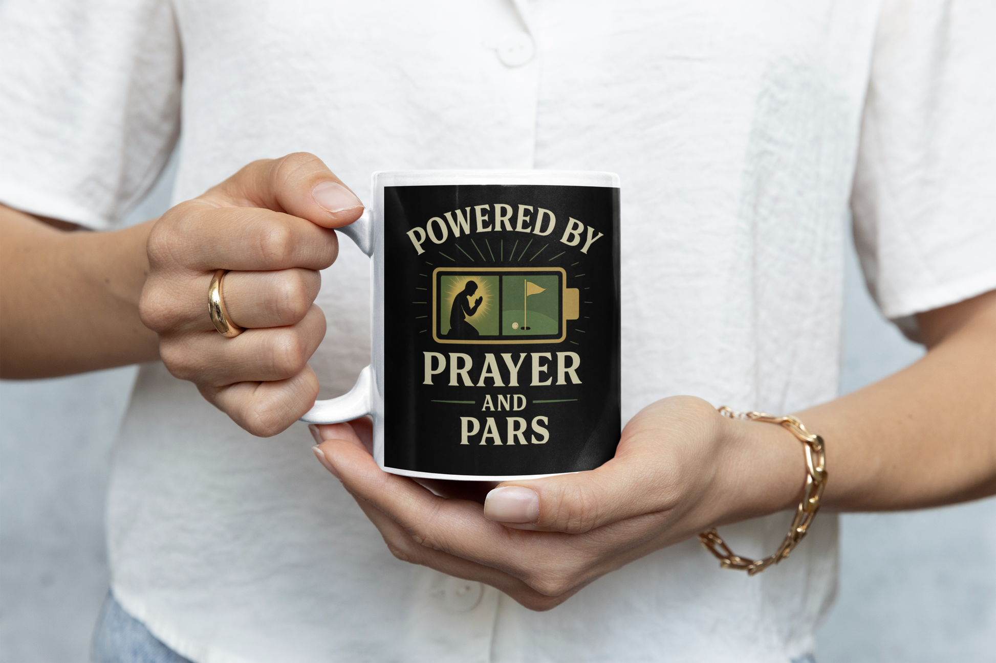 Encouraging Christian gift mug with golf ball and cross layout