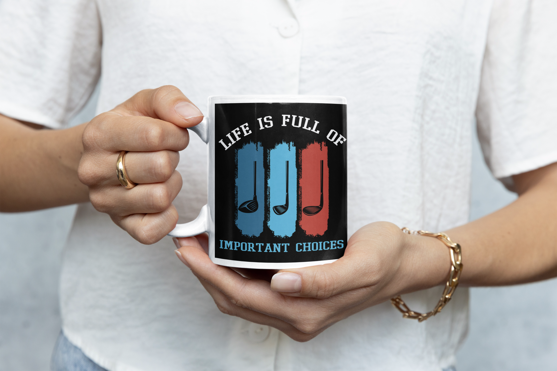 Ceramic drinkware with colorful golf-themed visual