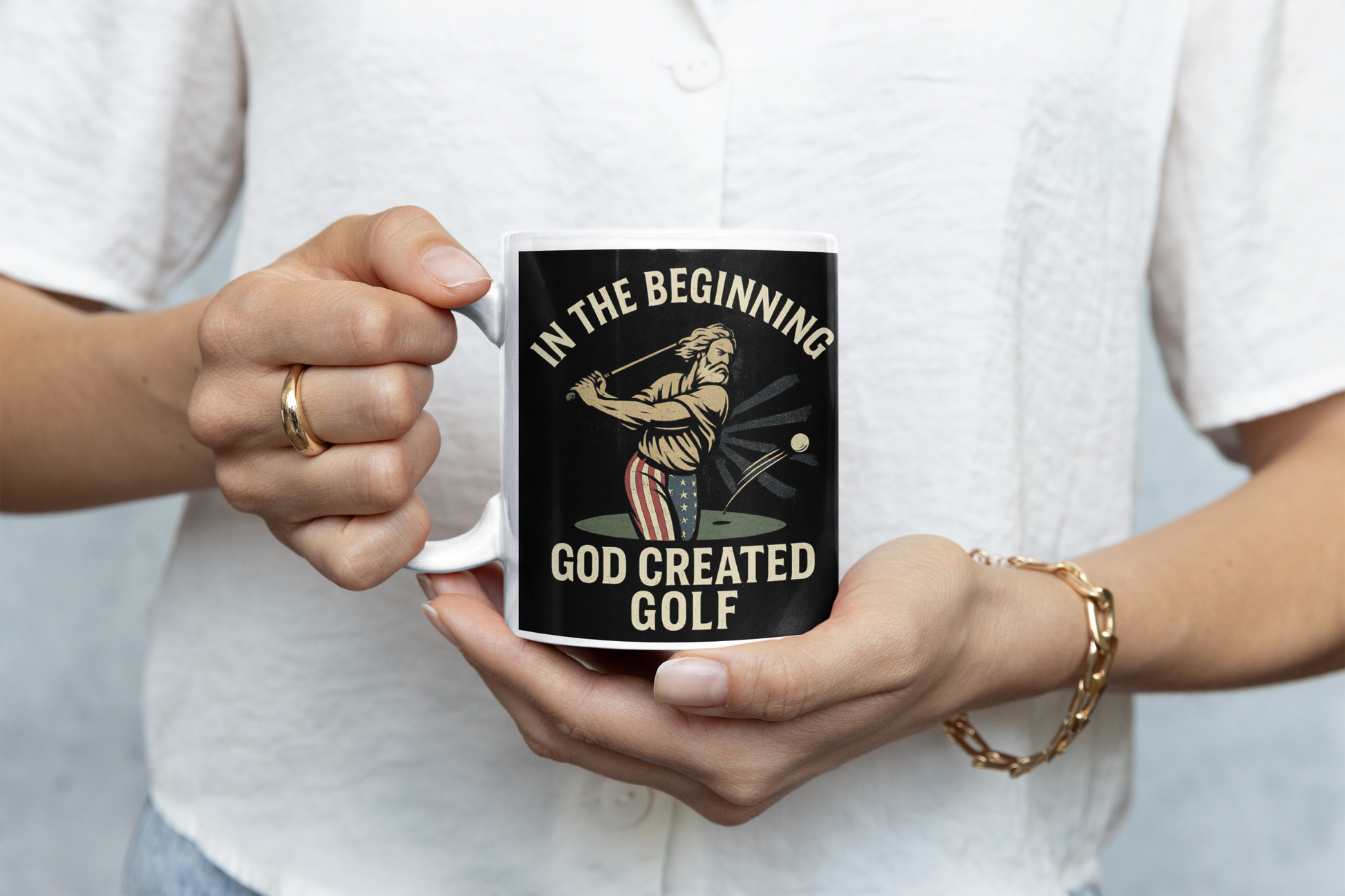 Mug for spiritual golfers featuring humor and retro design