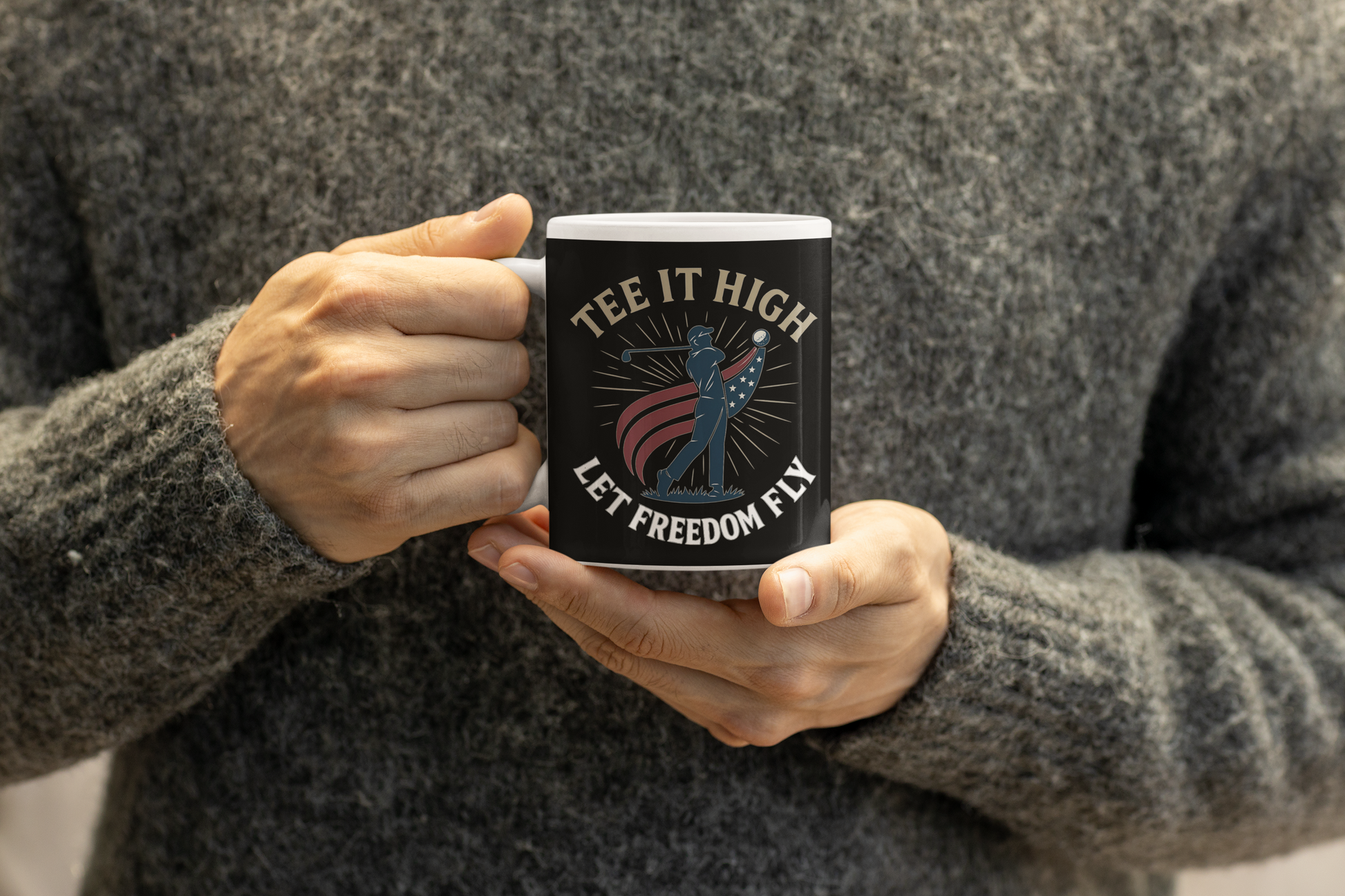 • Unique golfer print coffee cup for patriotic sports fans