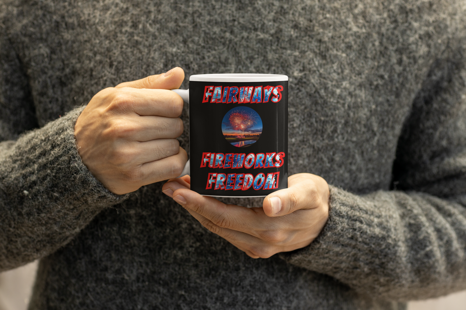 patriotic golf coffee mug with vivid fireworks background