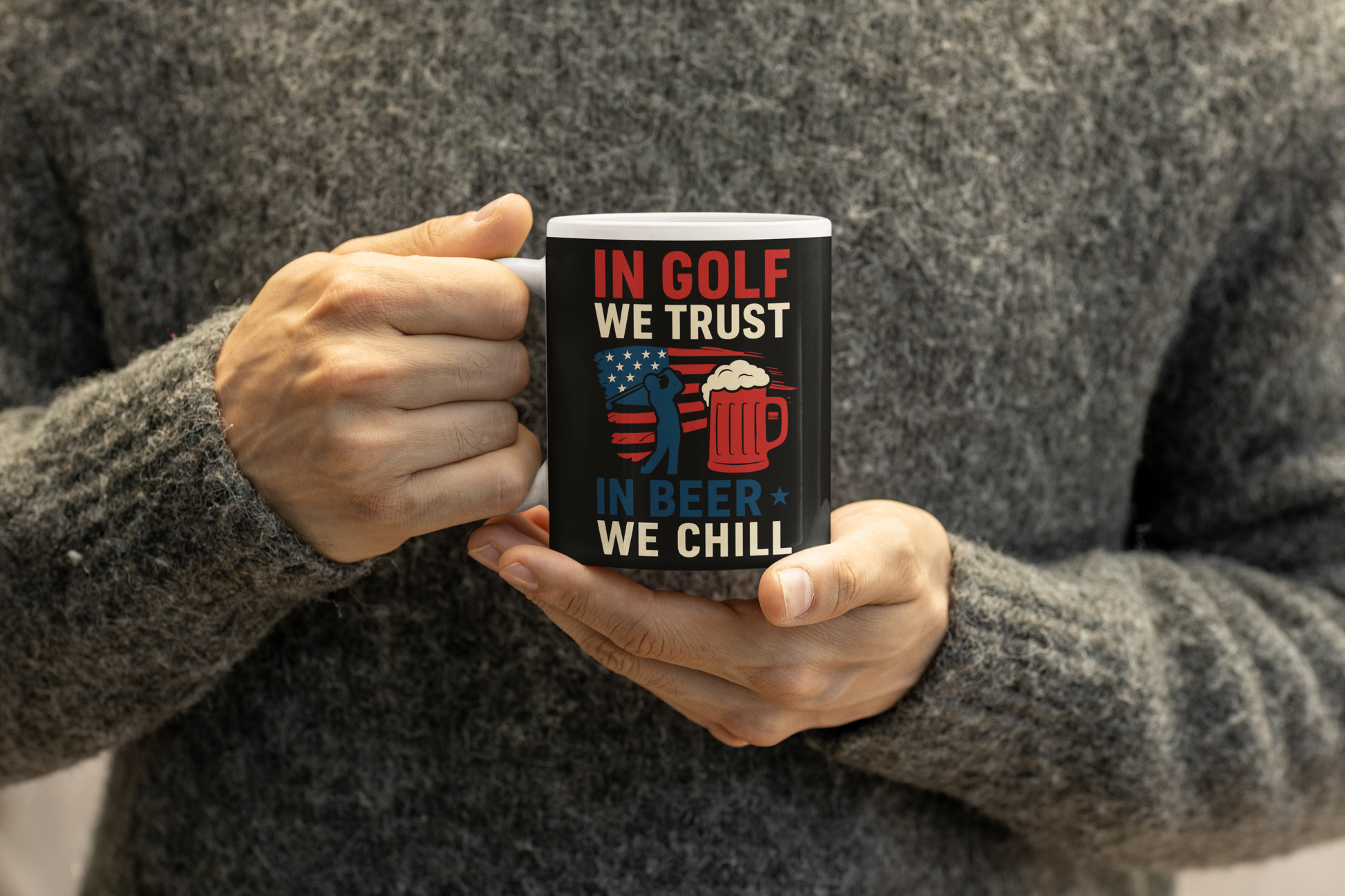 Mug featuring golfer silhouette, beer mug, and American flag