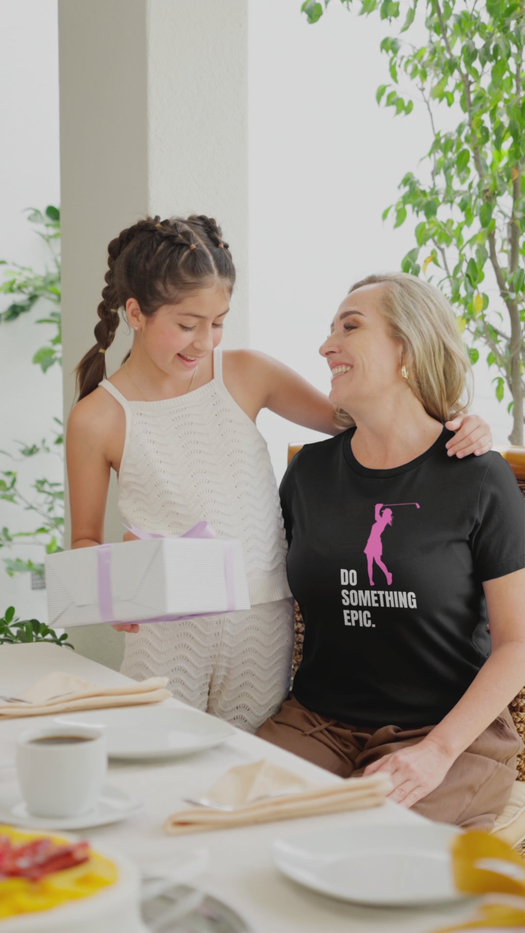 Pink golfer graphic with bold text