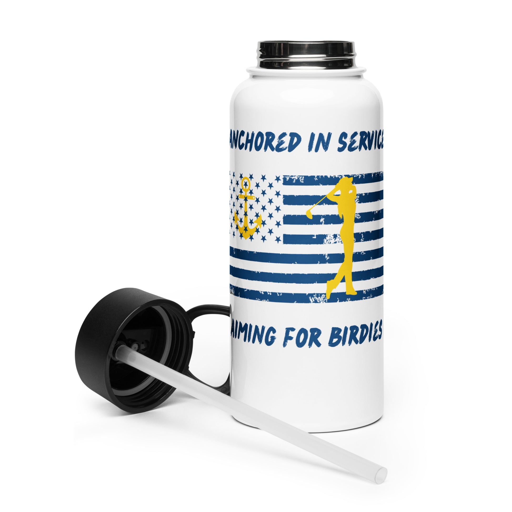 navy women’s golf water bottle patriotic design