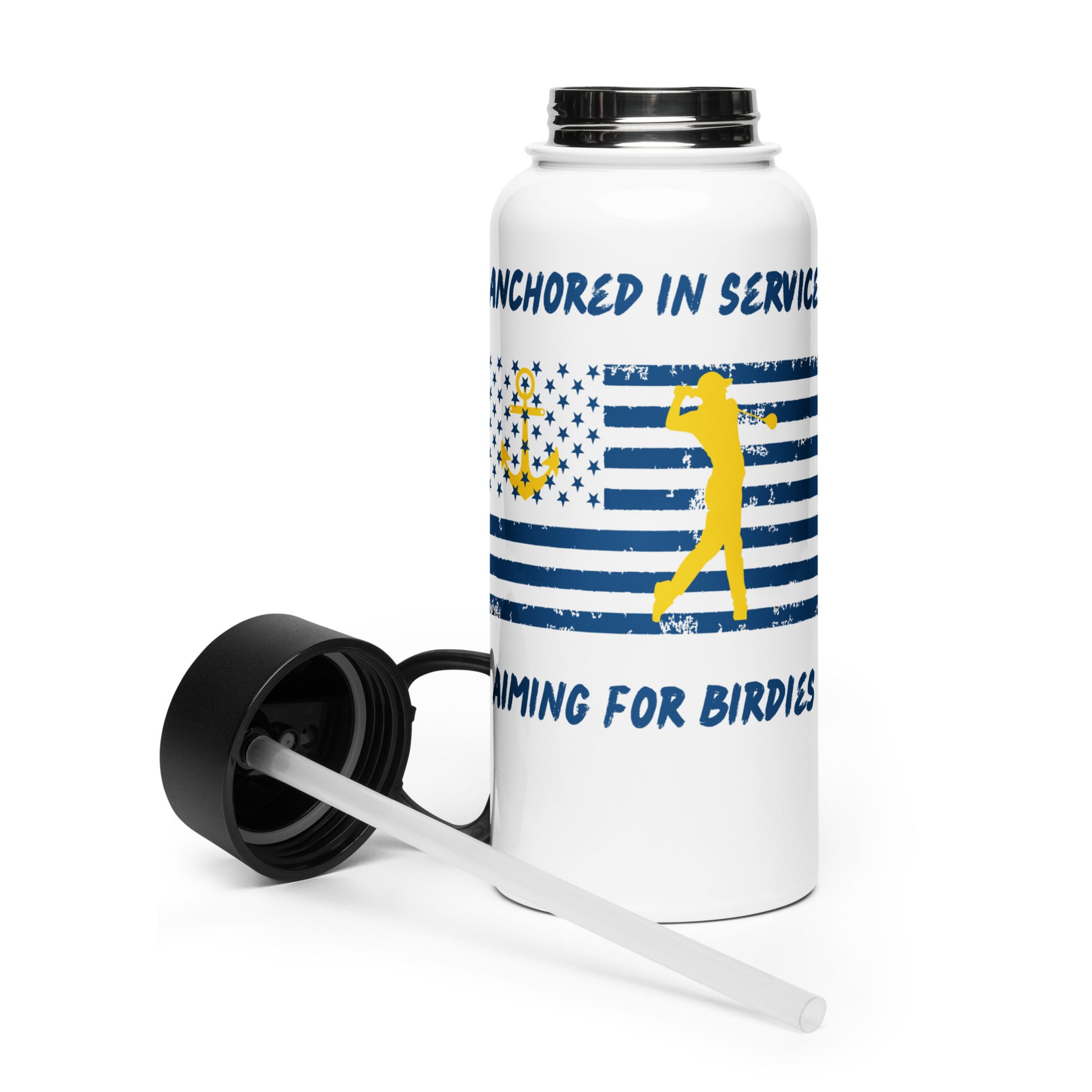 navy men’s water bottle with anchor and flag