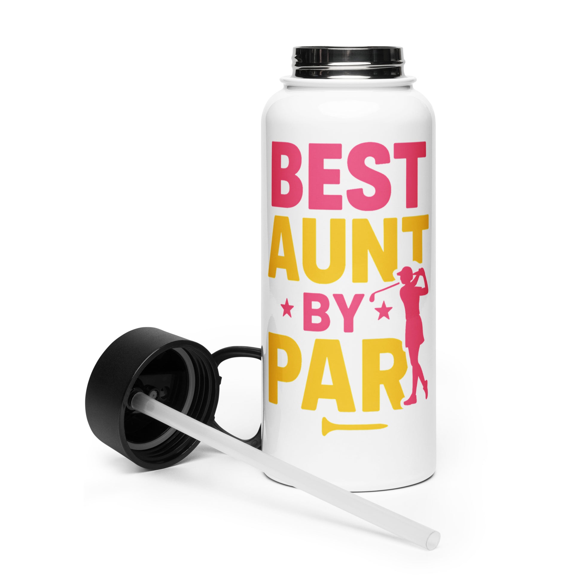 best aunt by par water bottle with straw pink yellow design