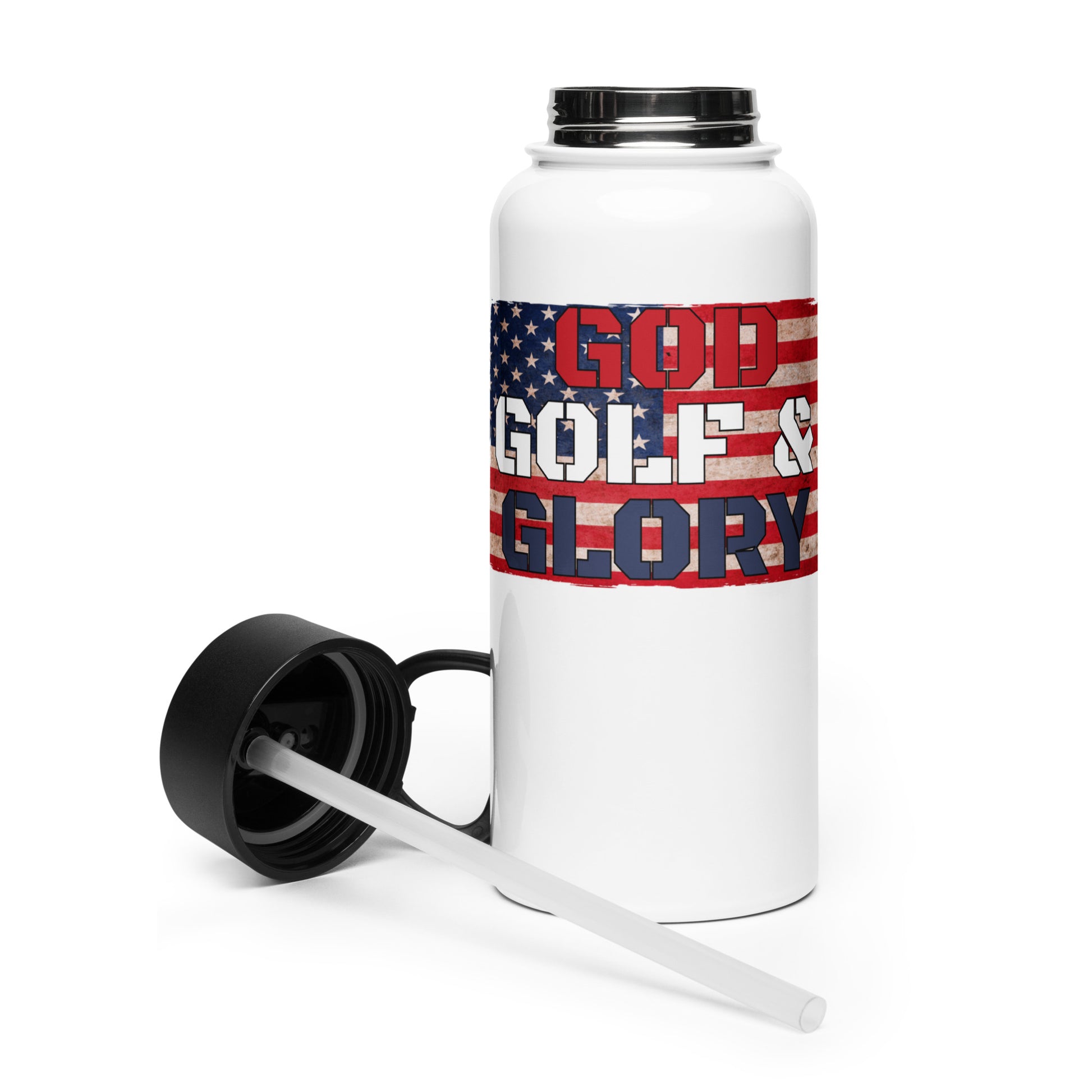 american flag golf water bottle with god and glory