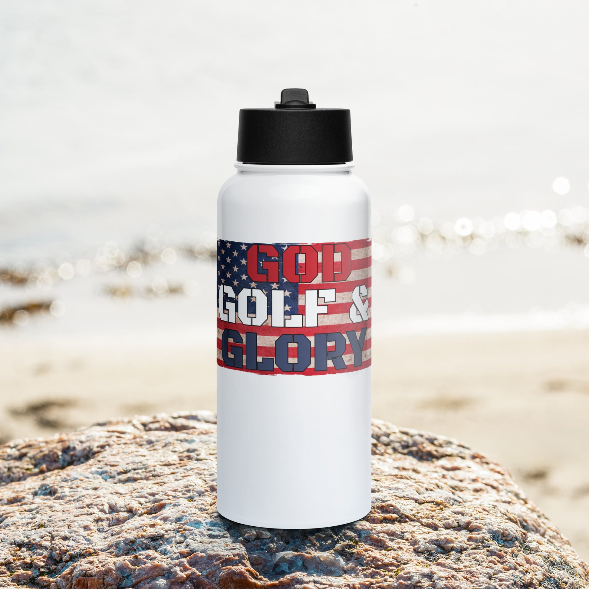 red white and blue golf themed water bottle
