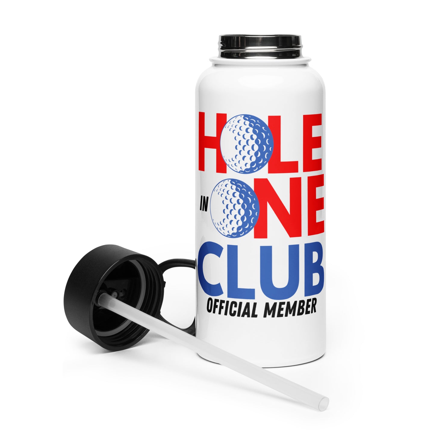 hole in one club red white blue water bottle