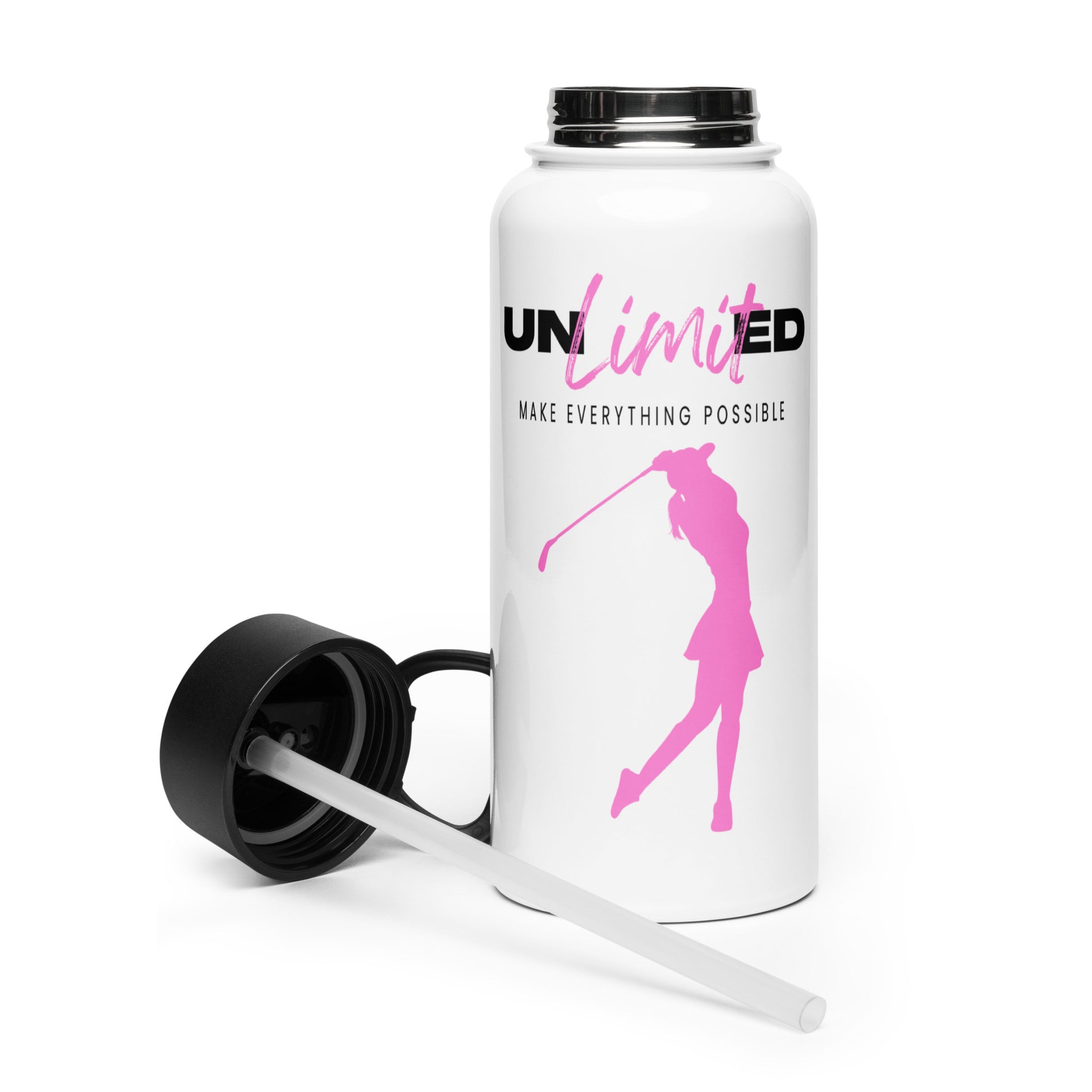 unlimited pink golf girl water bottle