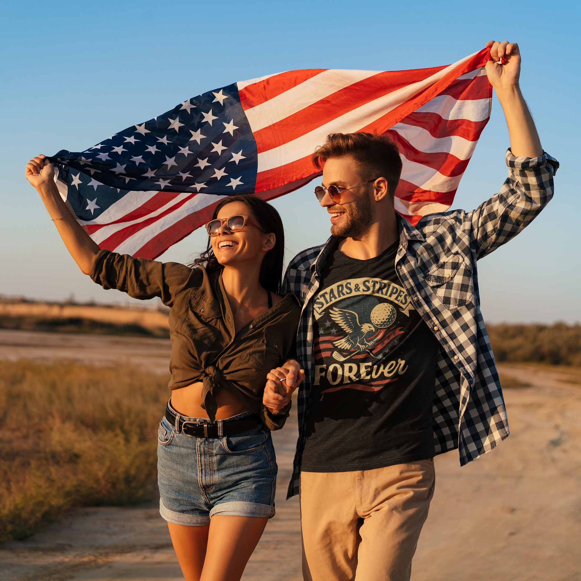 bold American eagle tee with retro banner layout