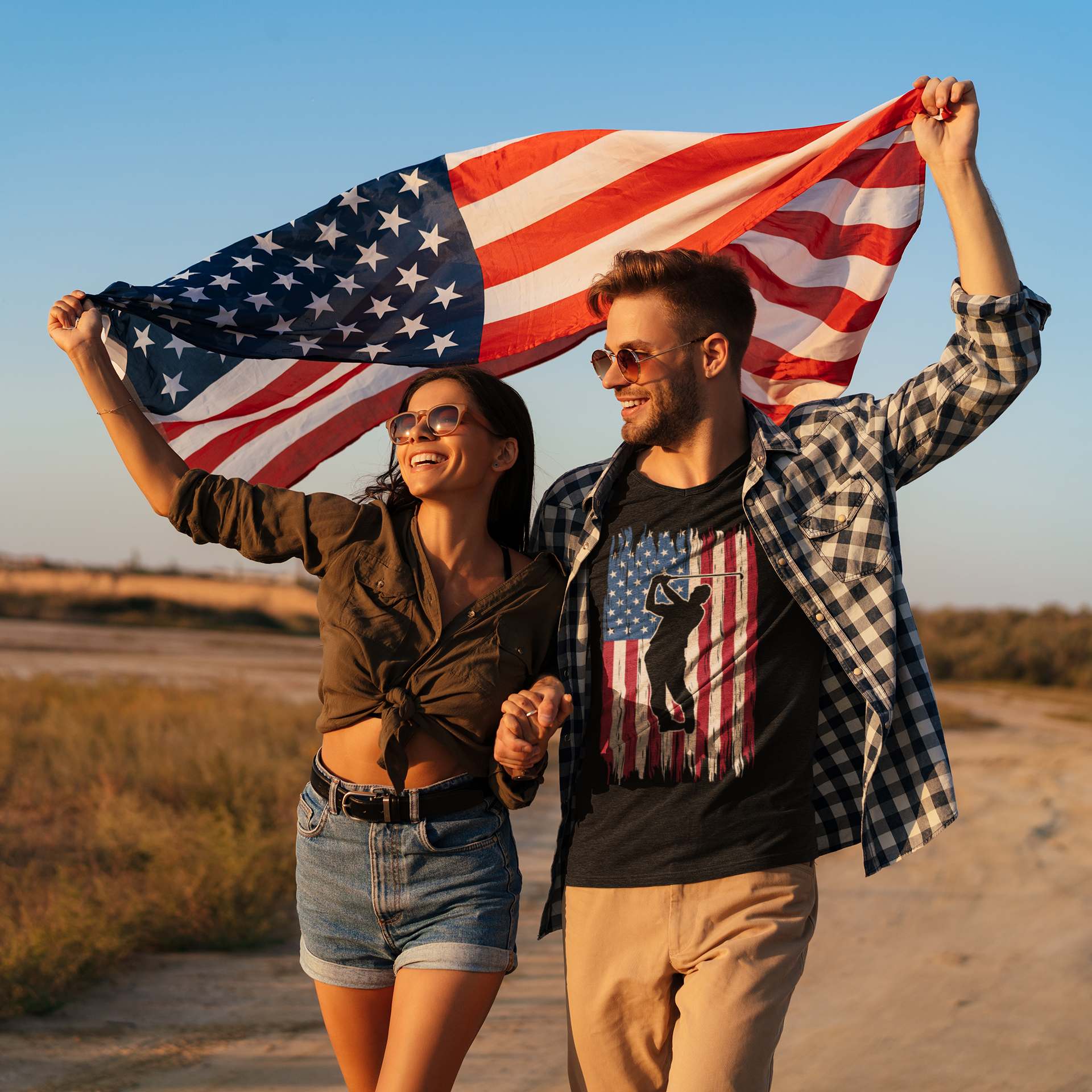 Distressed USA flag with golfer graphic tee