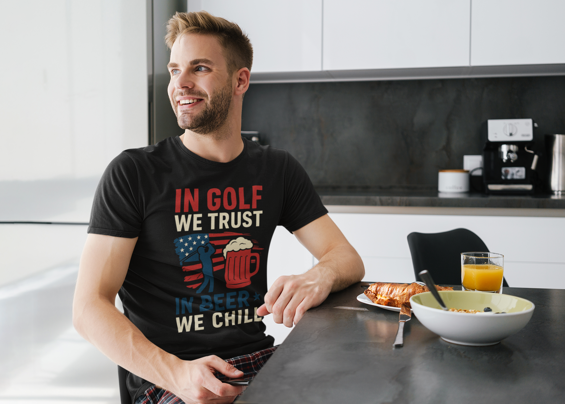 Red white and blue graphic tee with flag
