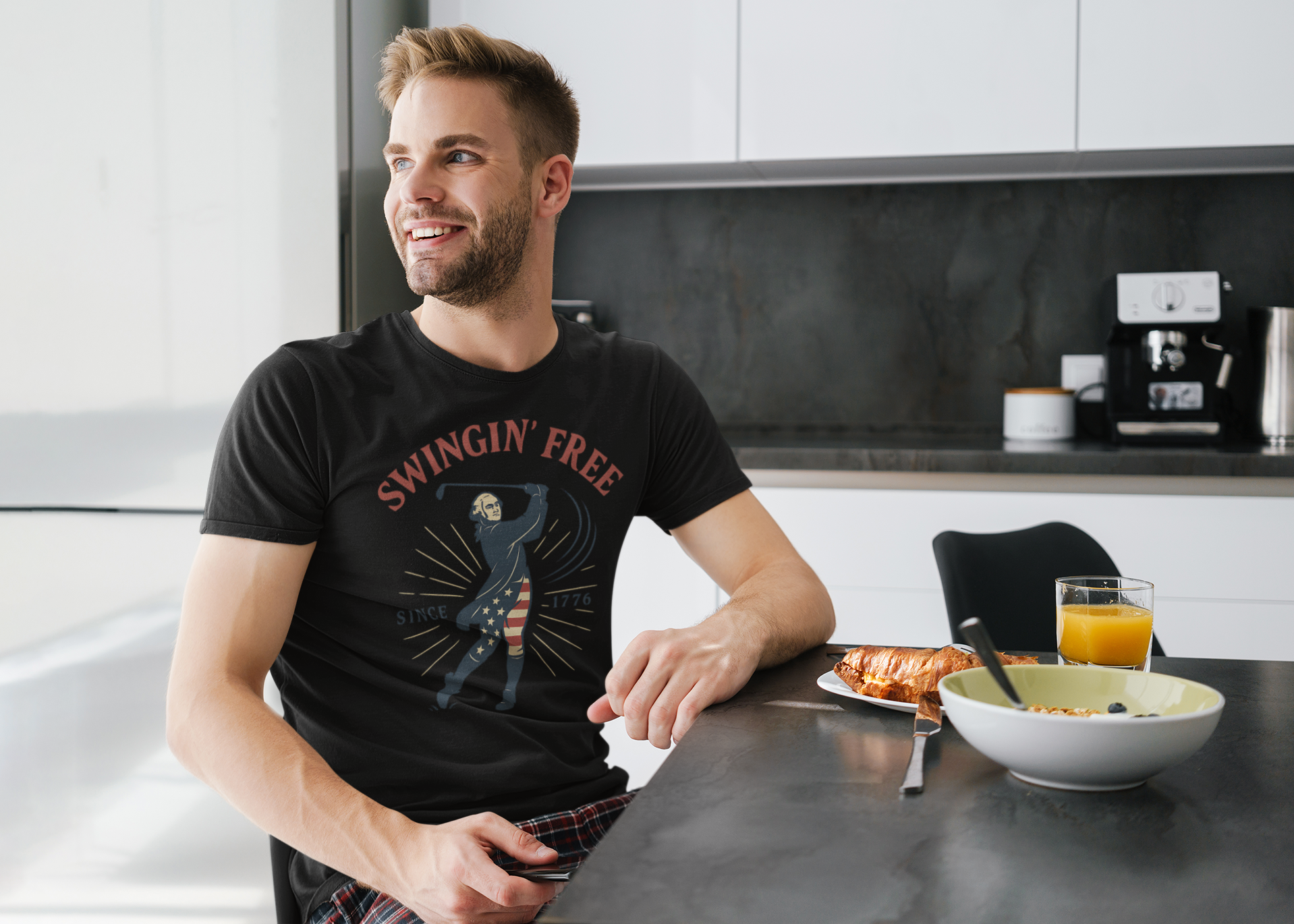 patriotic graphic tee with swingin free since 1776 text