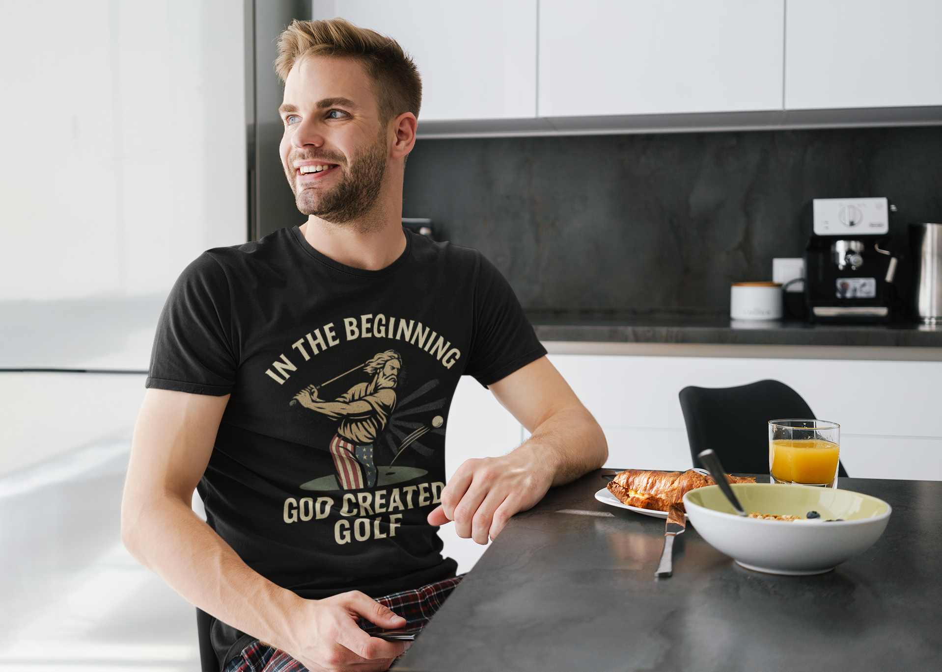 faith-based graphic tee with bold God created golf slogan