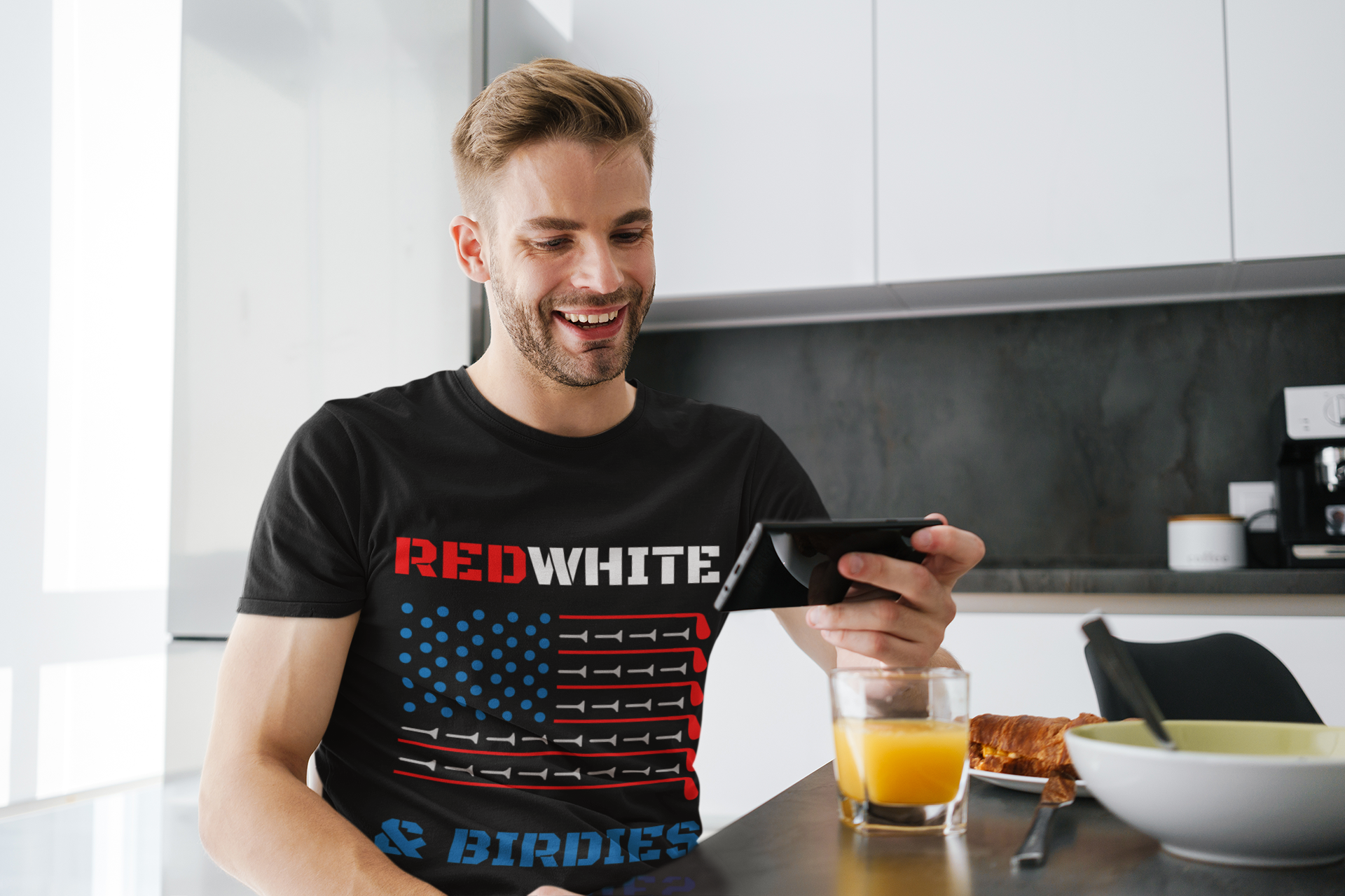 Black t-shirt with red white and blue golf design