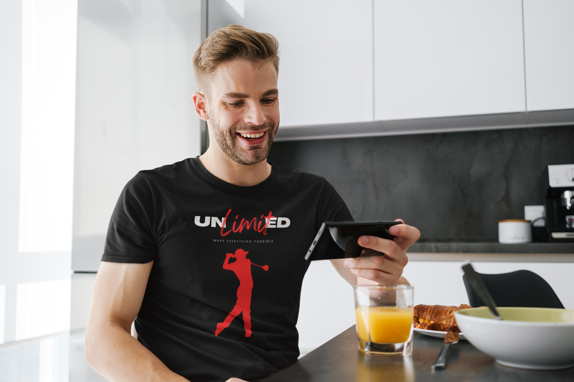 Black t-shirt with red male golfer silhouette