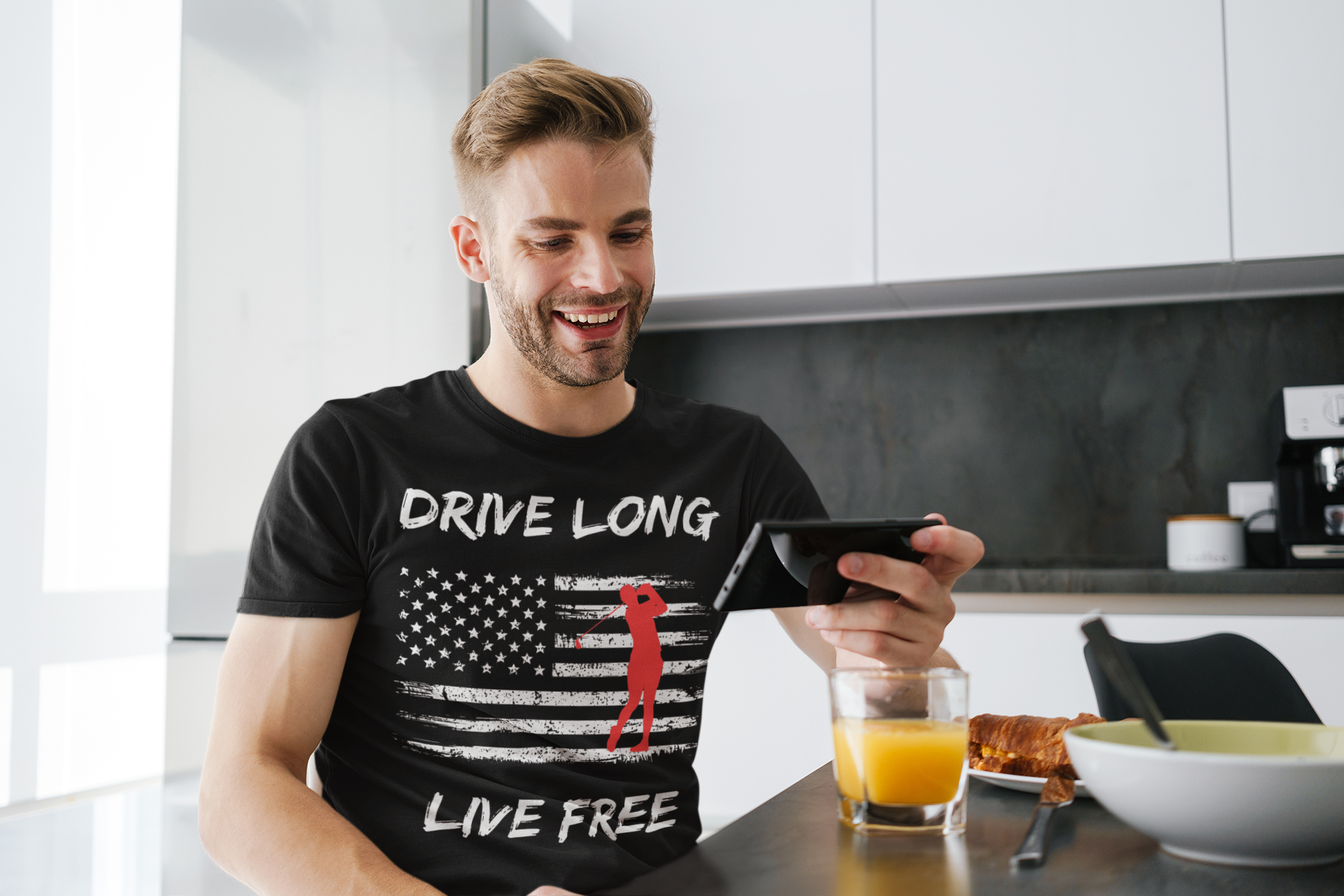 Black t-shirt with American flag and golfer graphic