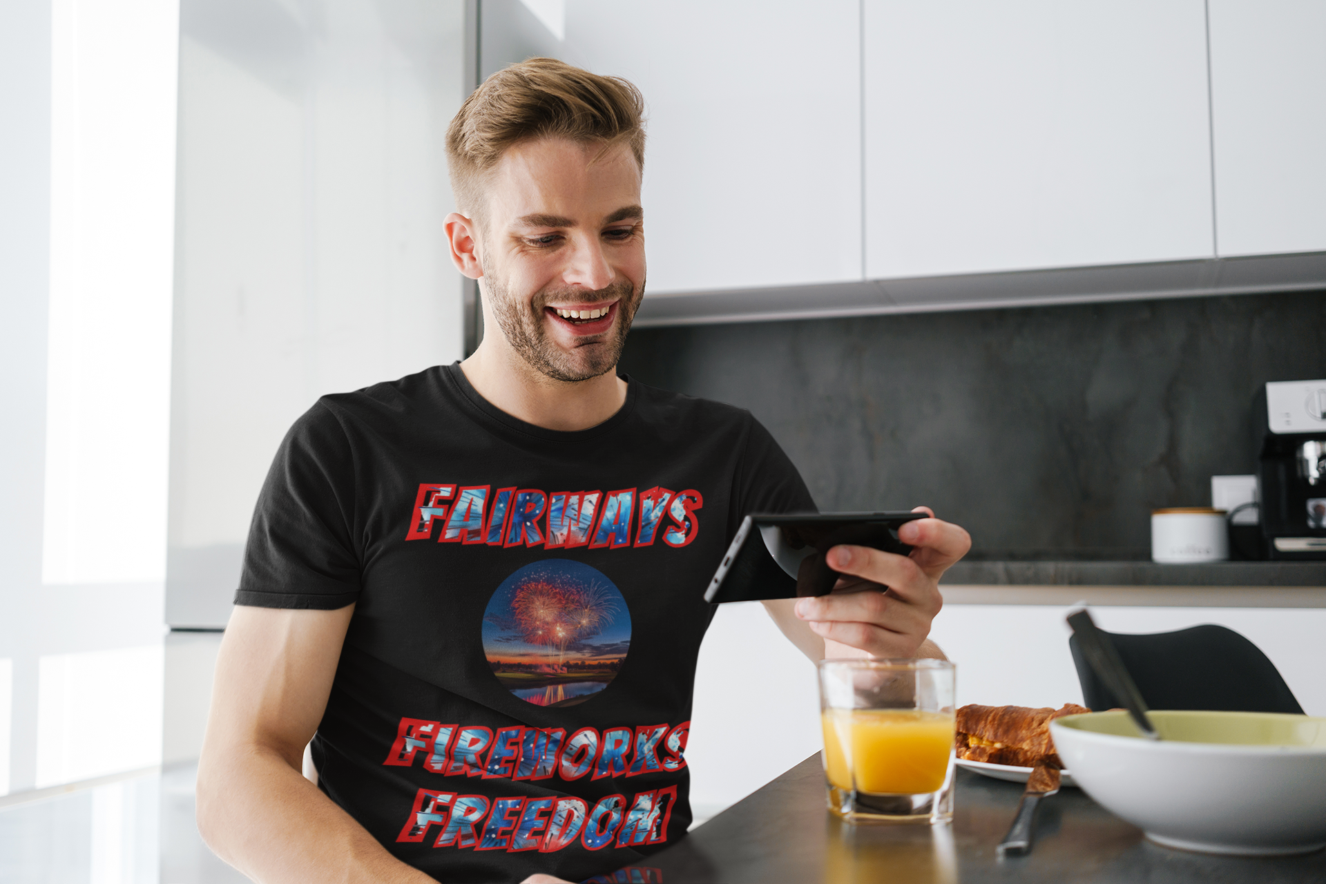 Patriotic tee with bold red white and blue lettering