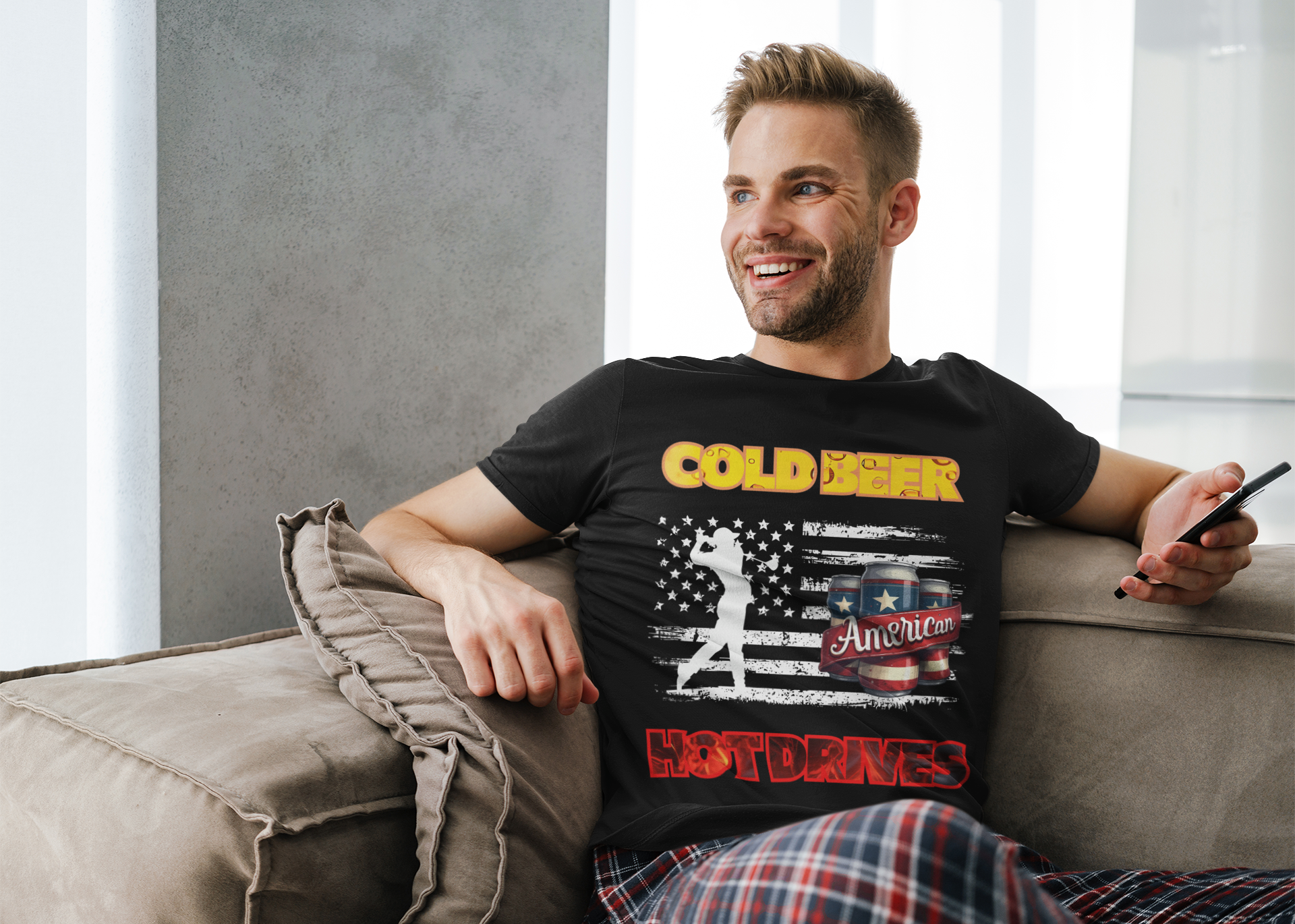 graphic tee featuring beer cans wrapped in flag design