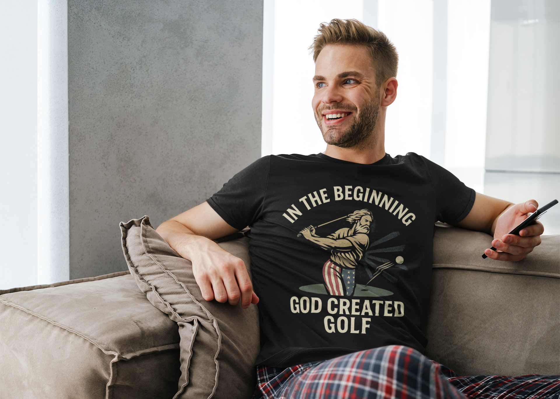 god swinging golf club graphic on humorous faith shirt