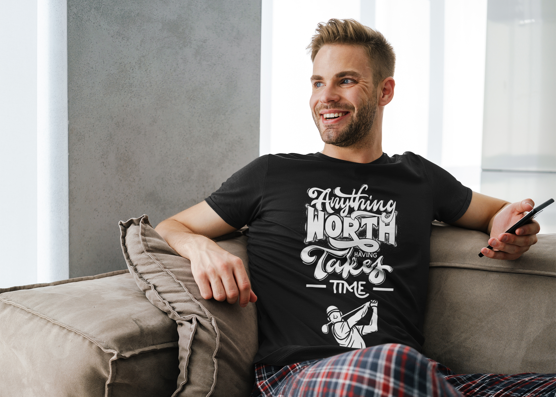 Stylized golfer swinging club graphic under text