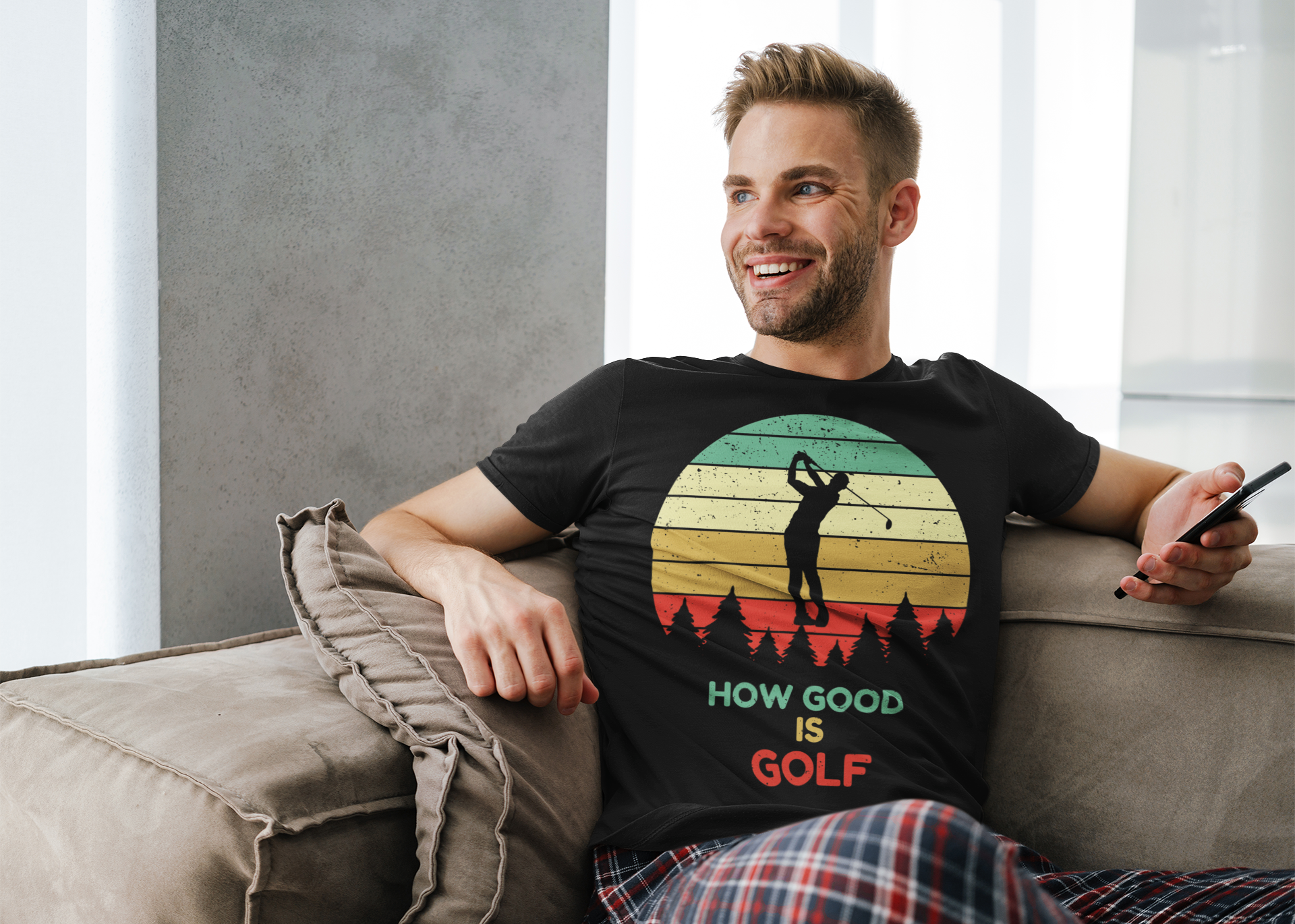 Golfer swinging in sunset forest art