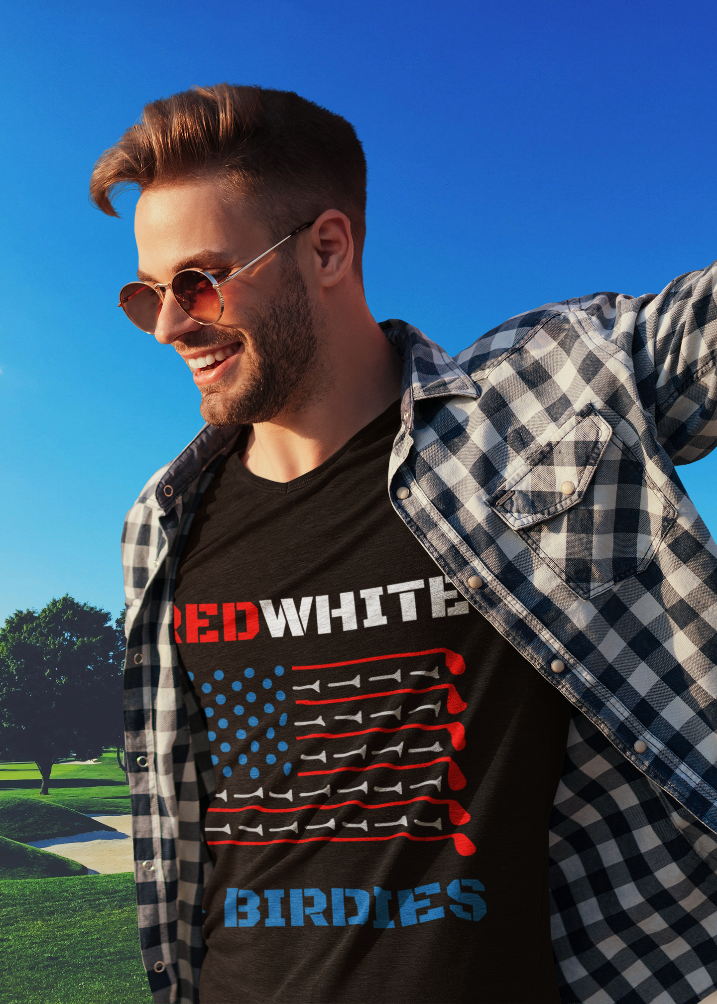 “Red White & Birdies” slogan on casual shirt