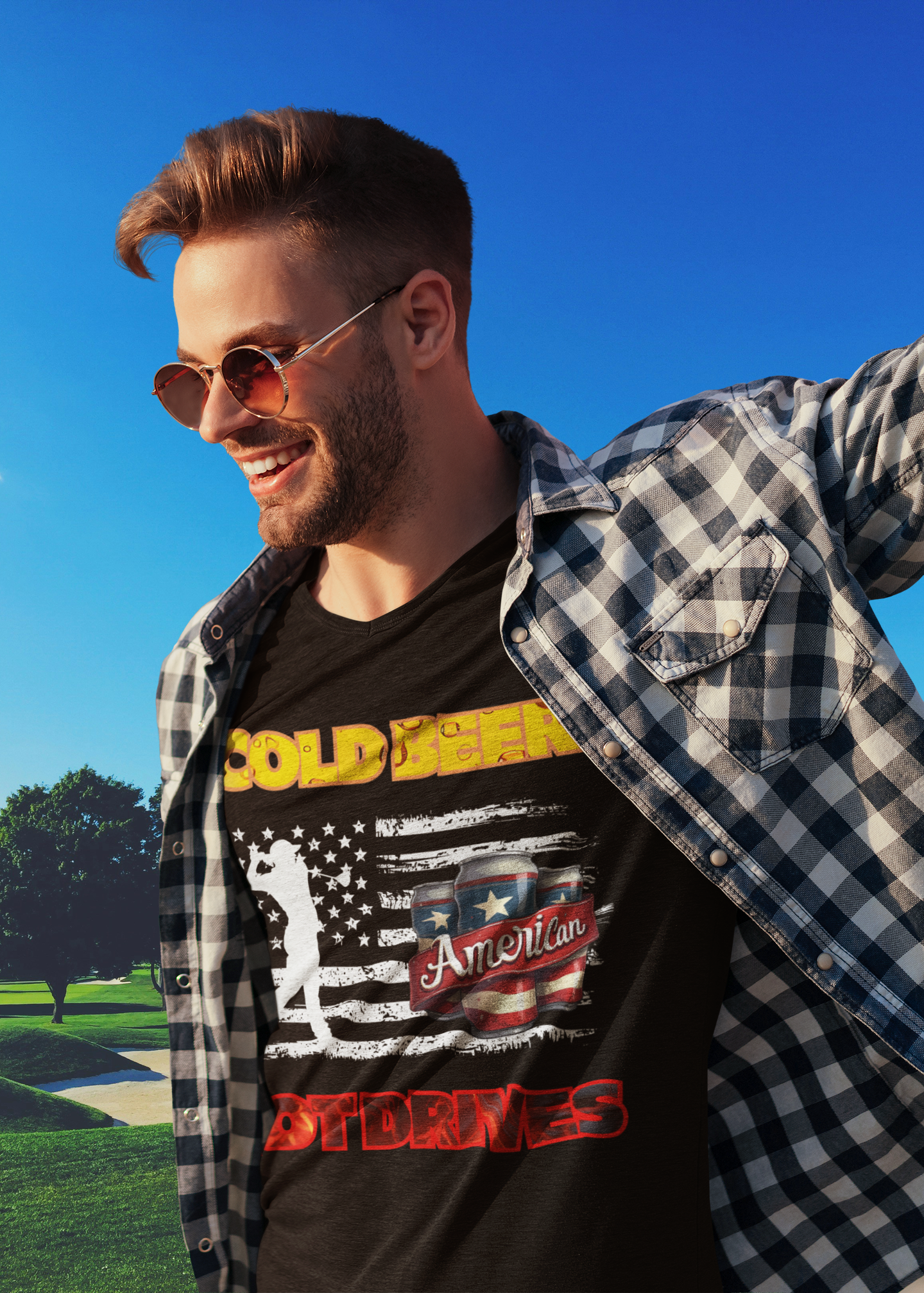 USA flag and beer can golf-themed shirt for men
