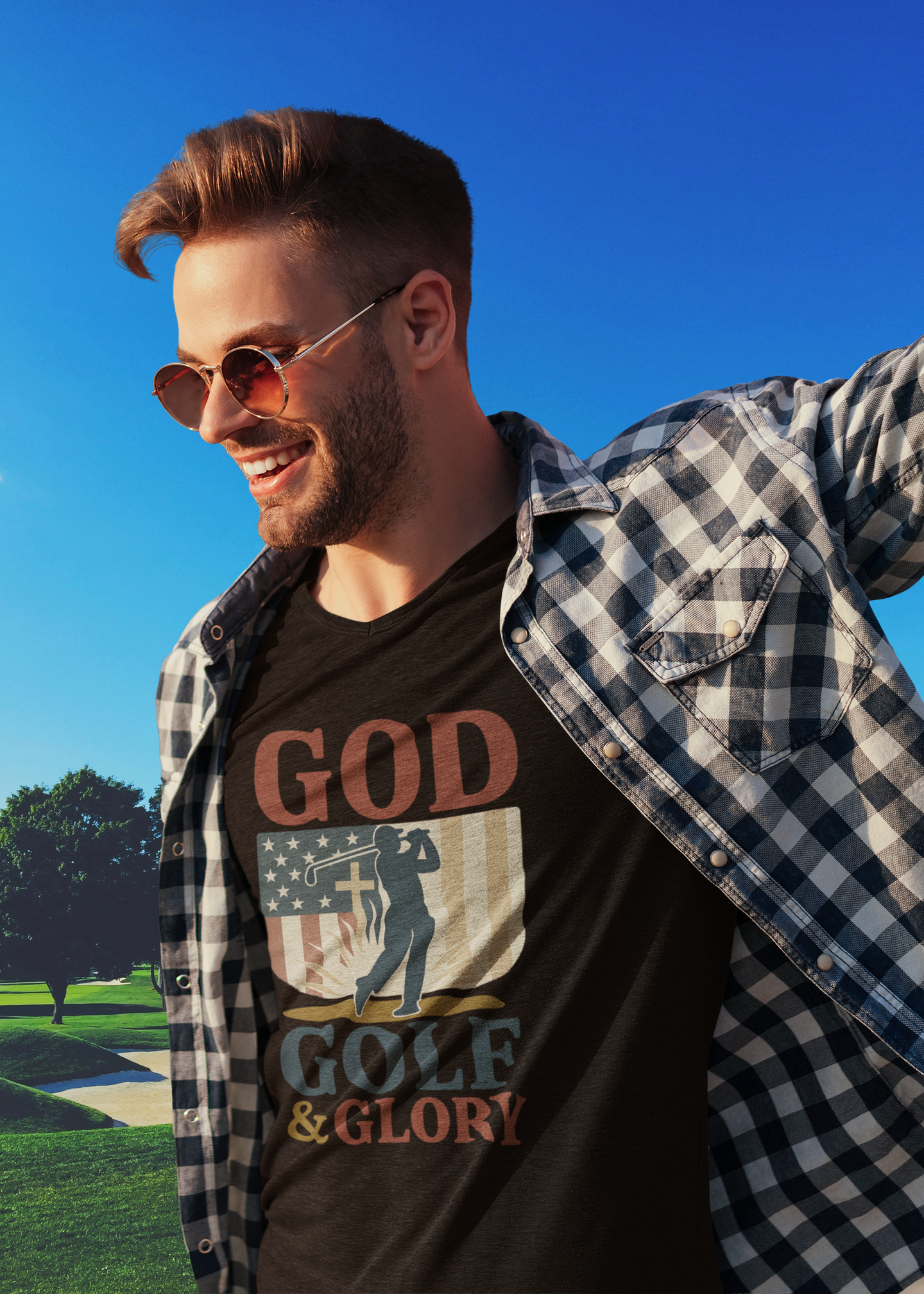 vintage style faith-based tee with cross and flag design