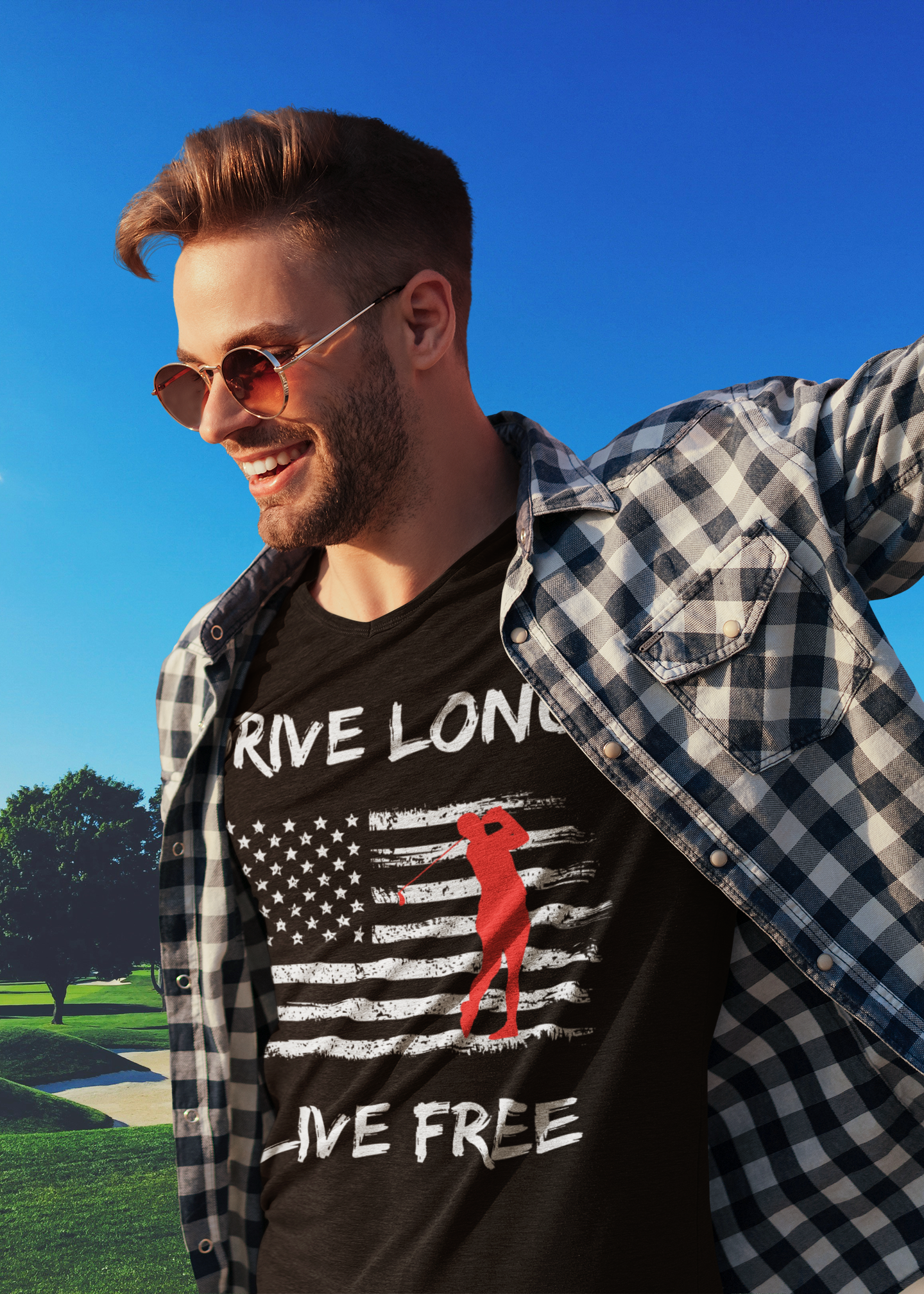 Red silhouette of golfer over white distressed flag