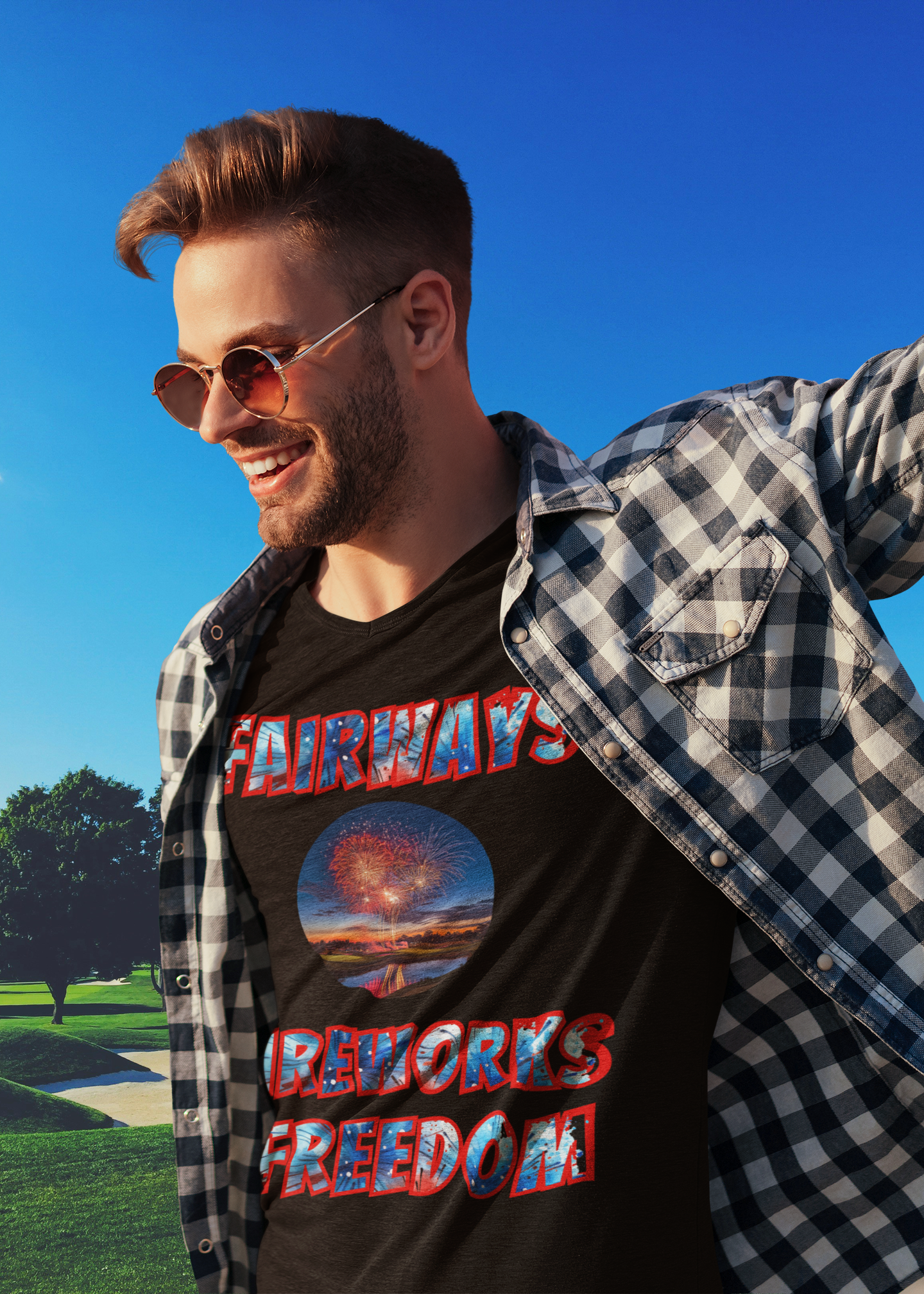 T-shirt mockup with fireworks and flag print text