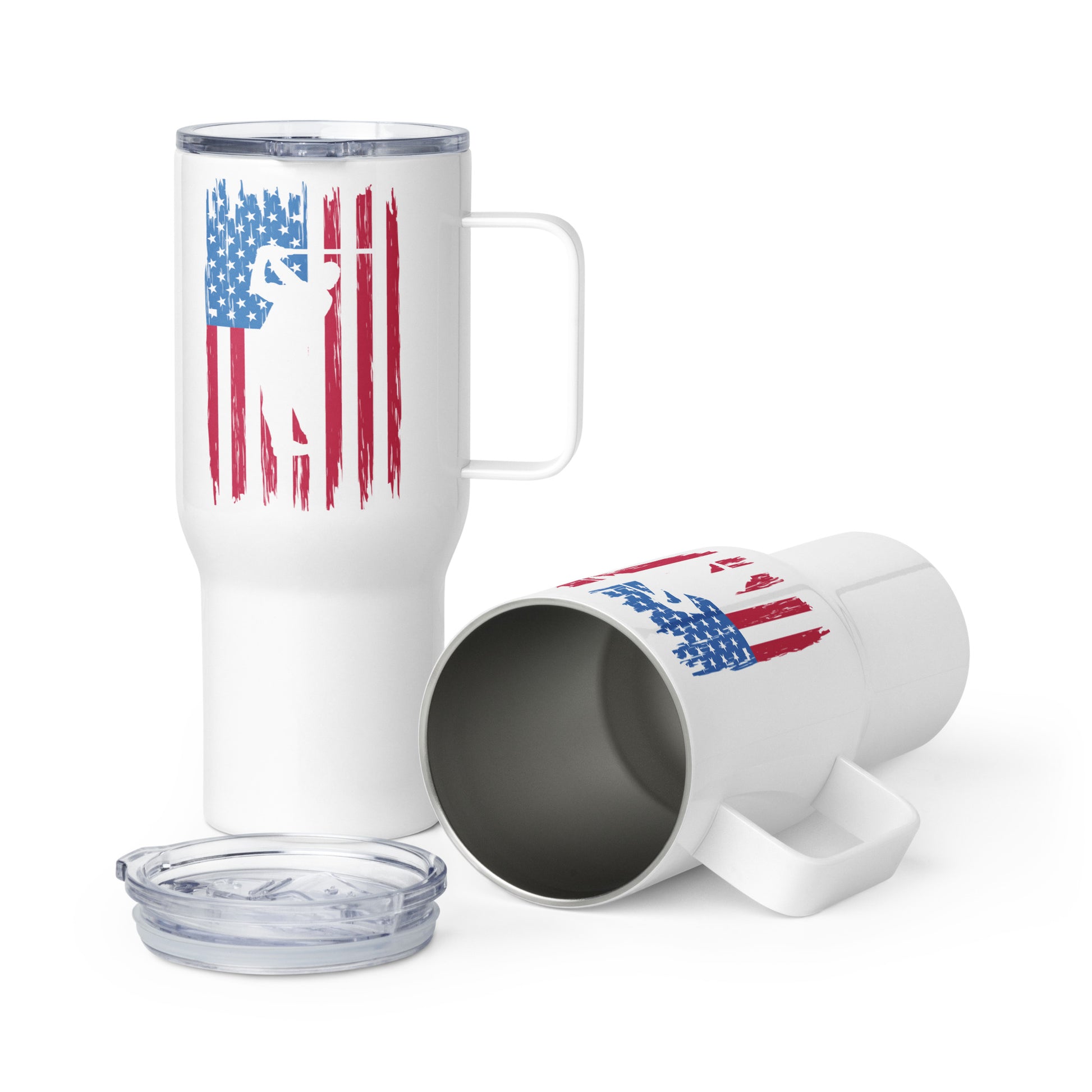Patriotic golfer travel mug with American flag graphic