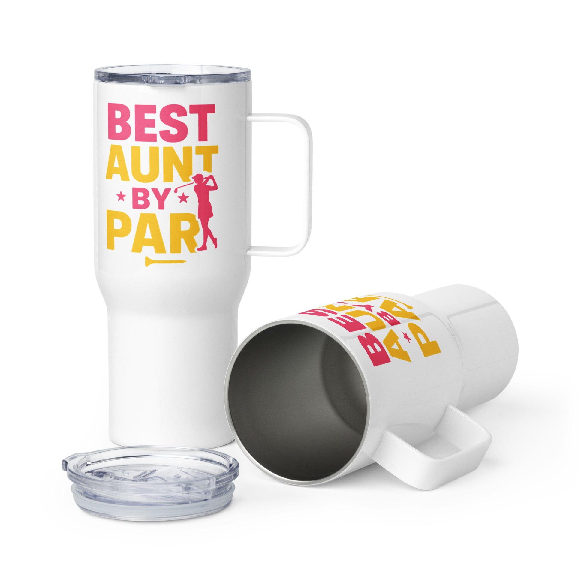 Best Aunt By Par travel mug with pink and yellow lettering