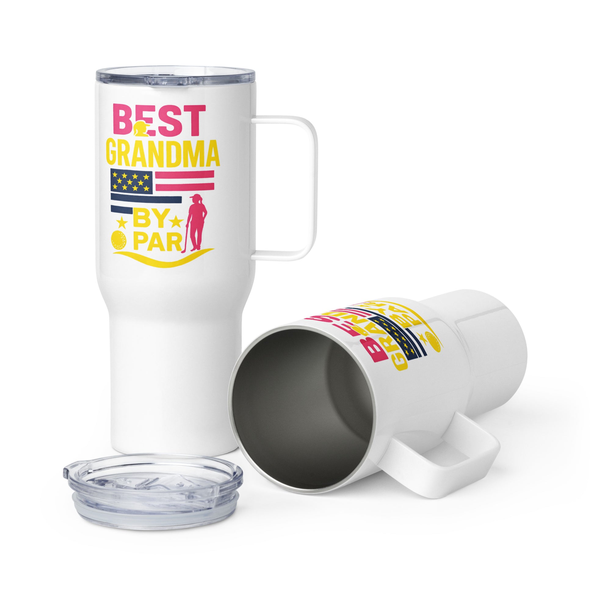 Best Grandma By Par travel mug in pink and yellow