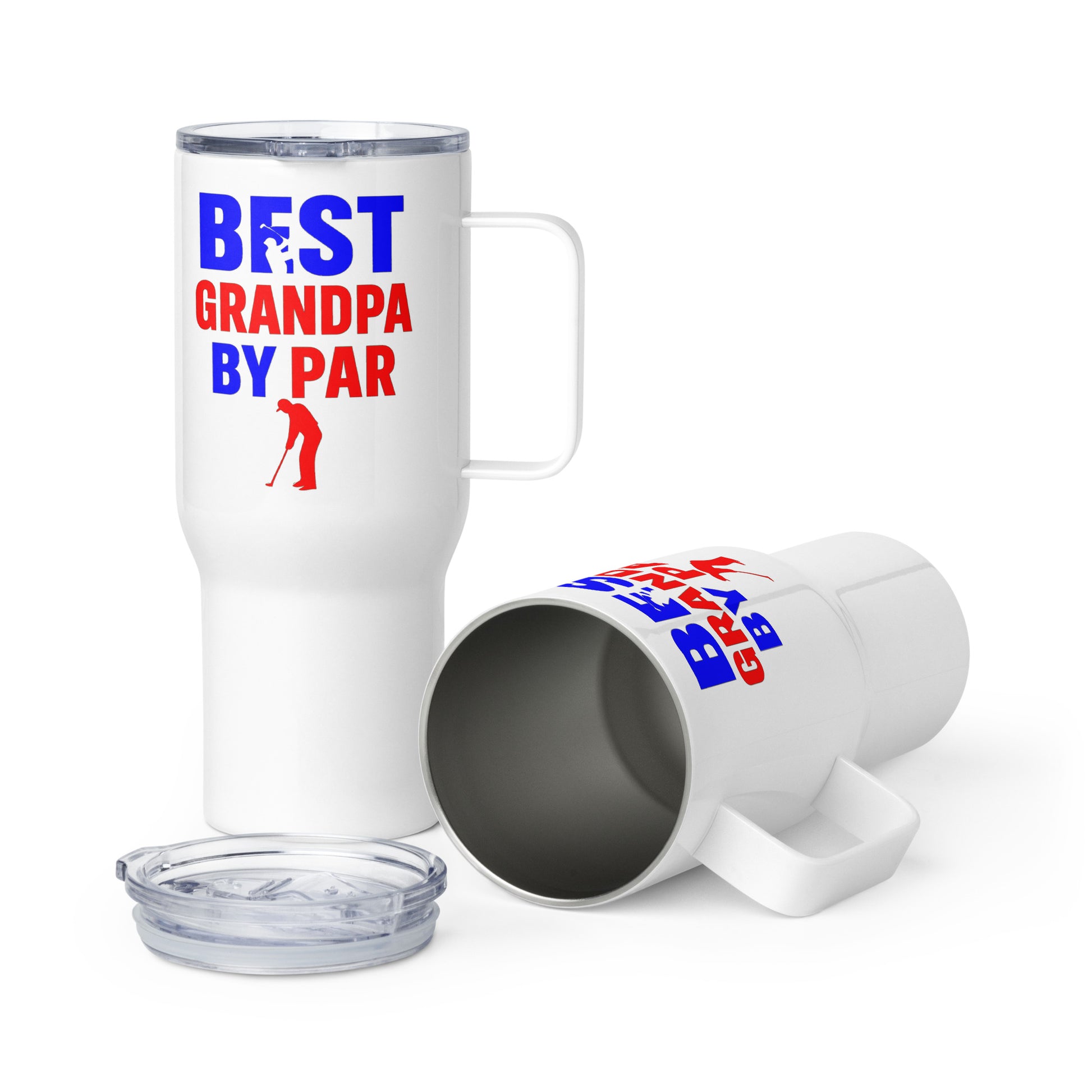 White travel mug with golfing grandpa silhouette