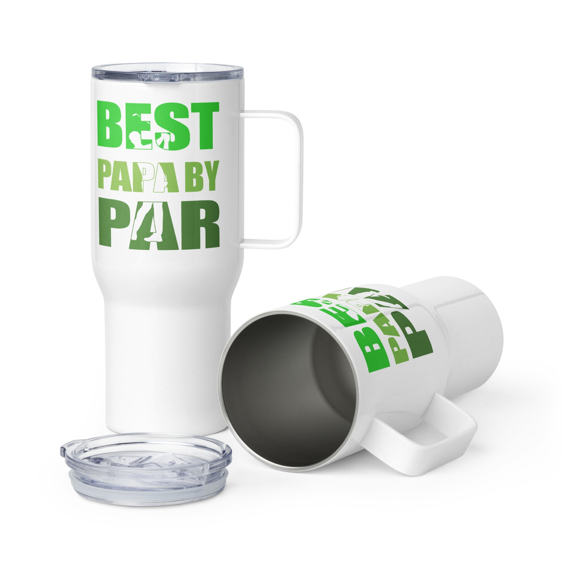 White travel mug for papa with golf-themed artwork